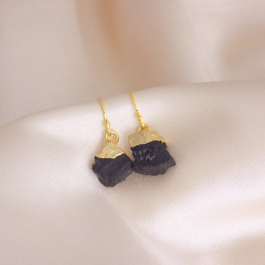Boho Raw Black Tourmaline Earrings Gold, Rough Crystal Dangle Drop, M6-153