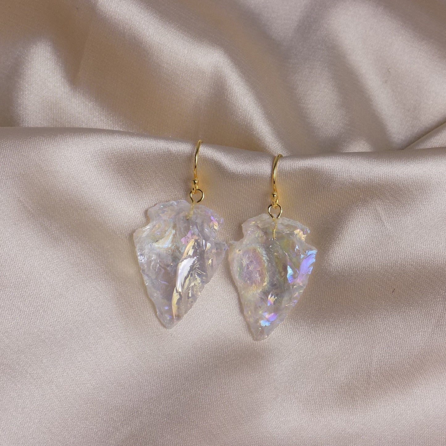 Angel Aura Quartz Arrowhead Earrings Gold, Unique Iridescent Crystal Jewelry Boho, Gift For Her, M7-134