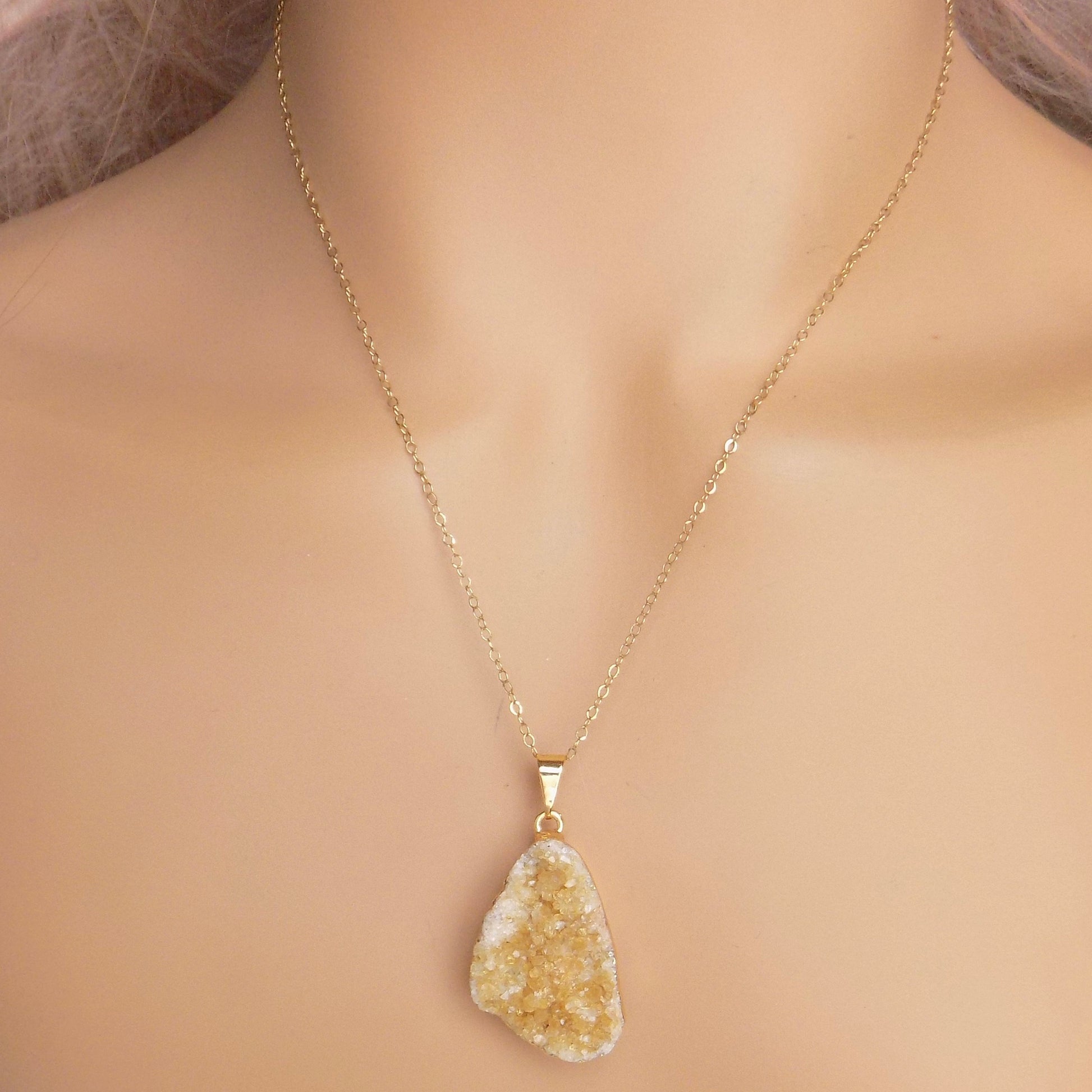 Yellow Citrine Druzy Necklace Gold - Citrine Crystal Pendant - November Birthstone Jewelry - G15-251