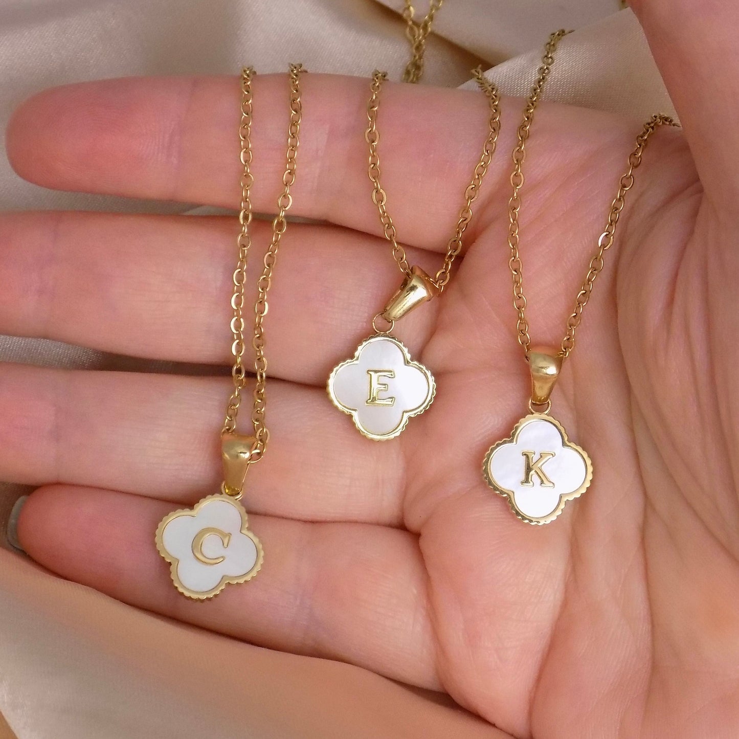 Gold Initial Flower Charm Necklace Mother of Pearl Stone - Personalized Christmas Gifts For Women