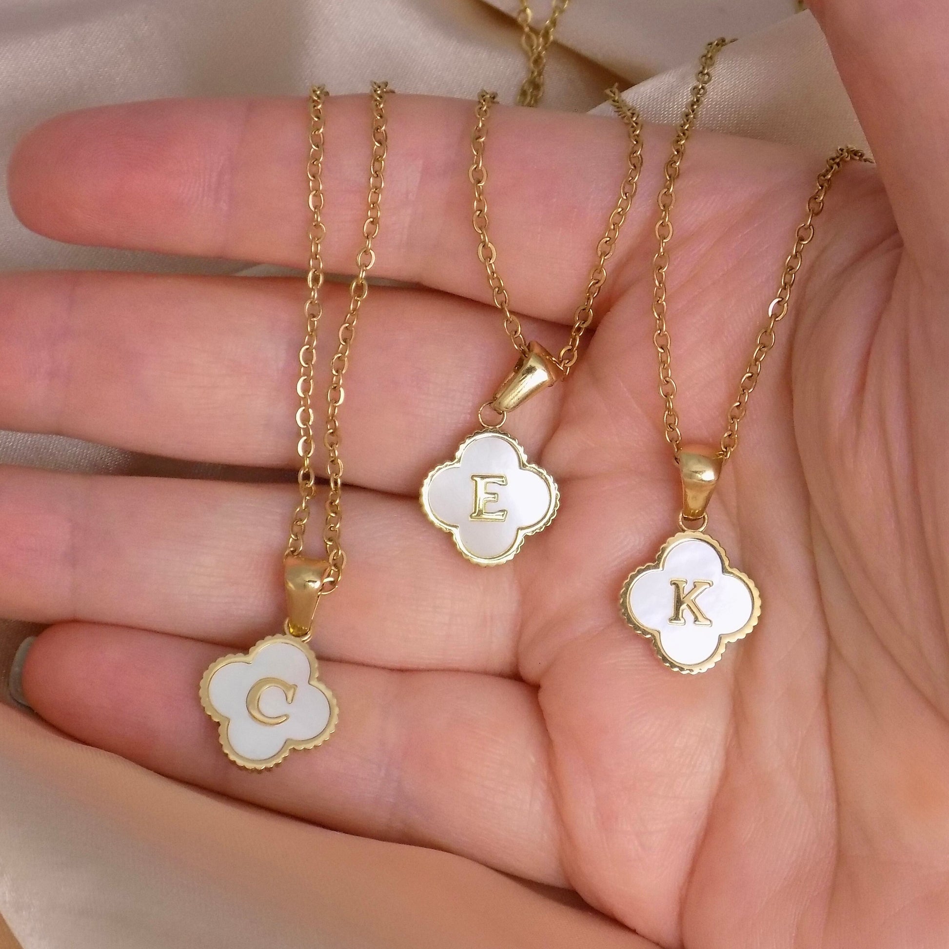 Gold Initial Flower Charm Necklace Mother of Pearl Stone - Personalized Christmas Gifts For Women