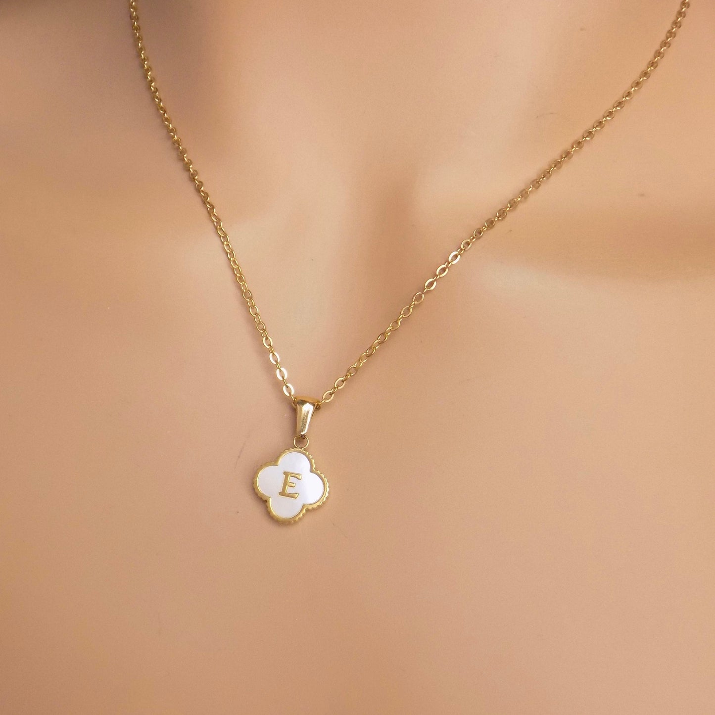 Gold Initial Flower Charm Necklace Mother of Pearl Stone - Personalized Christmas Gifts For Women - M7-150