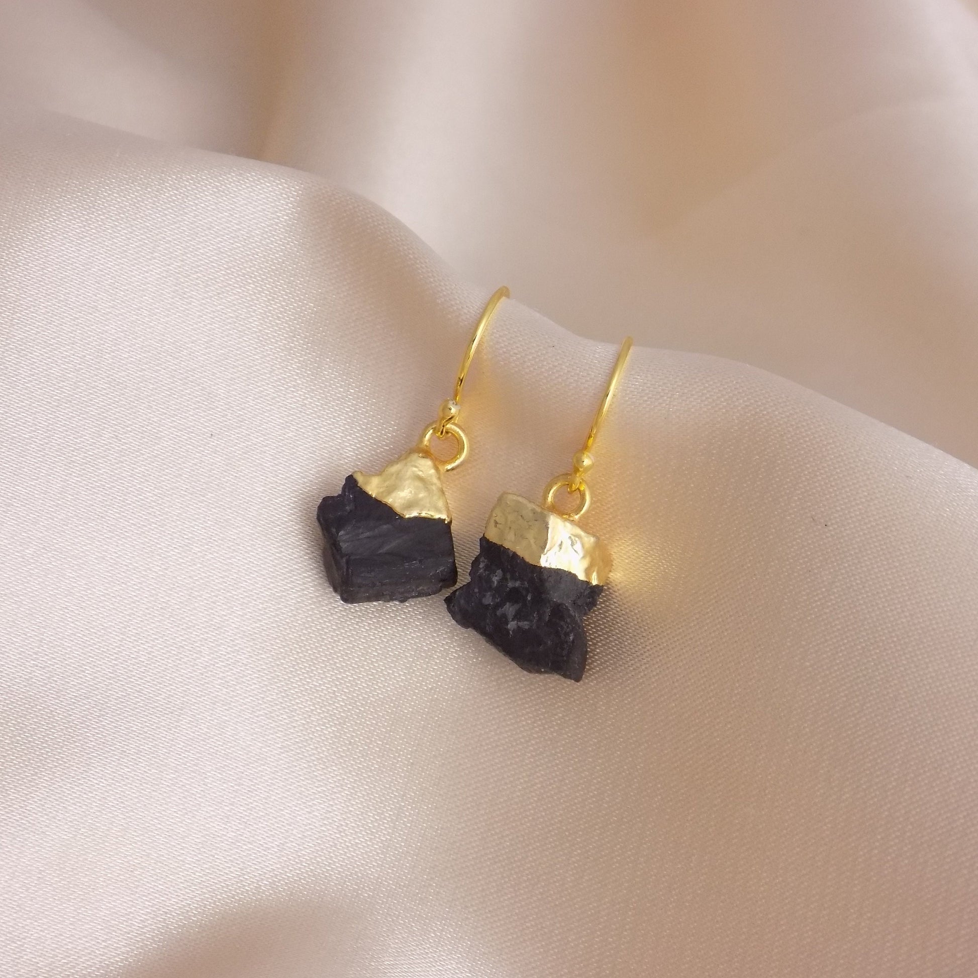 Boho Raw Black Tourmaline Earrings Gold, Rough Crystal Dangle Drop, M6-153