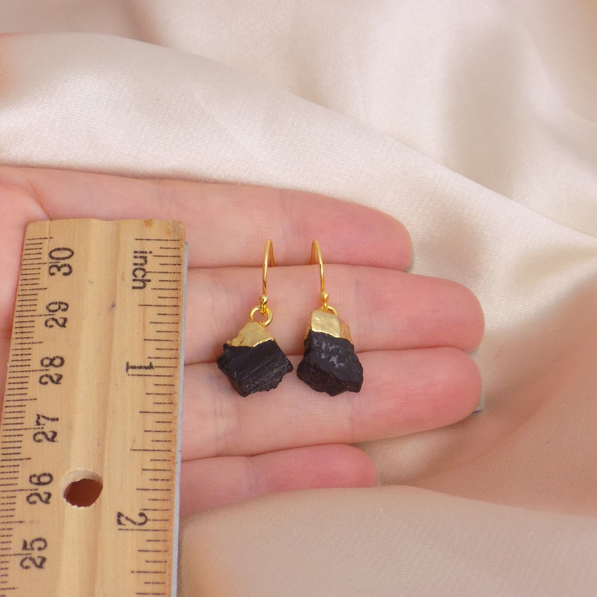 Boho Raw Black Tourmaline Earrings Gold, Rough Crystal Dangle Drop, M6-153