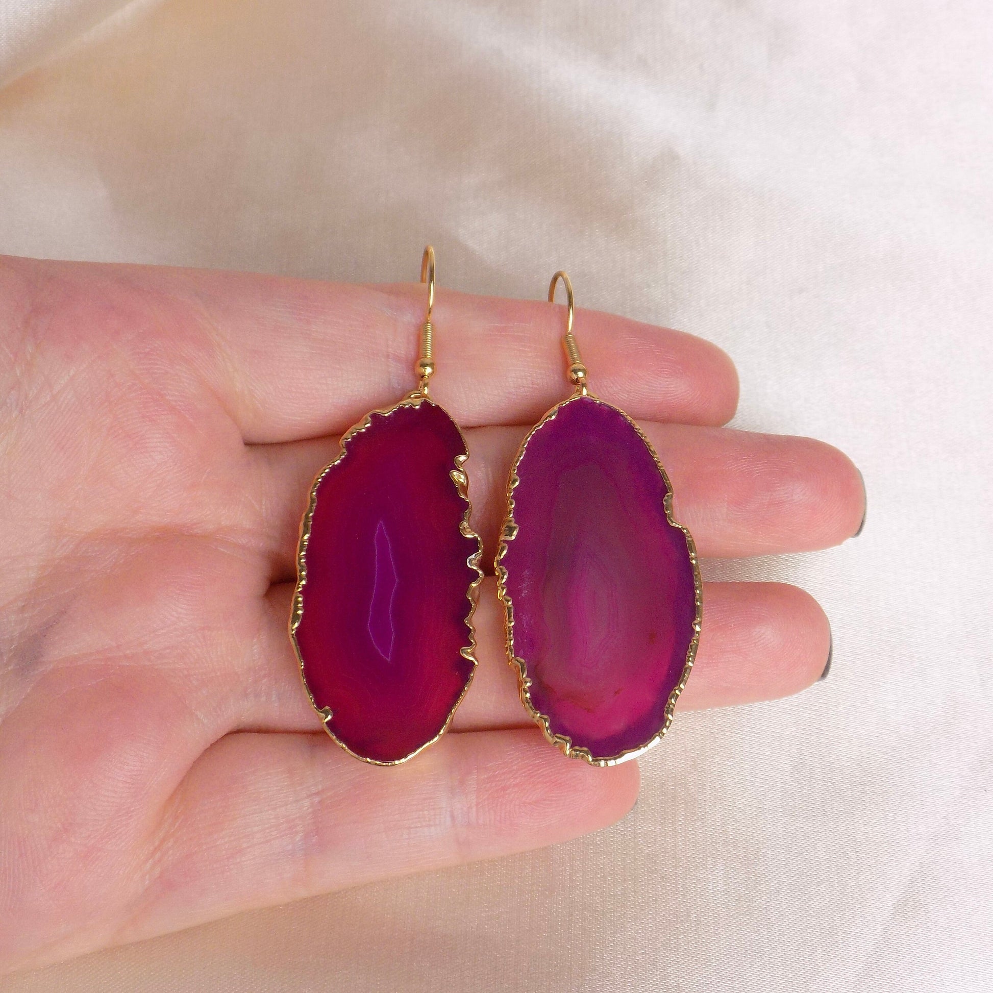 Statement Earrings, Slice Agate Earrings, Pink Agate Earrings, Geode Earrings, Large Gemstone Earrings Dangle, Gifts For Her, G15-117