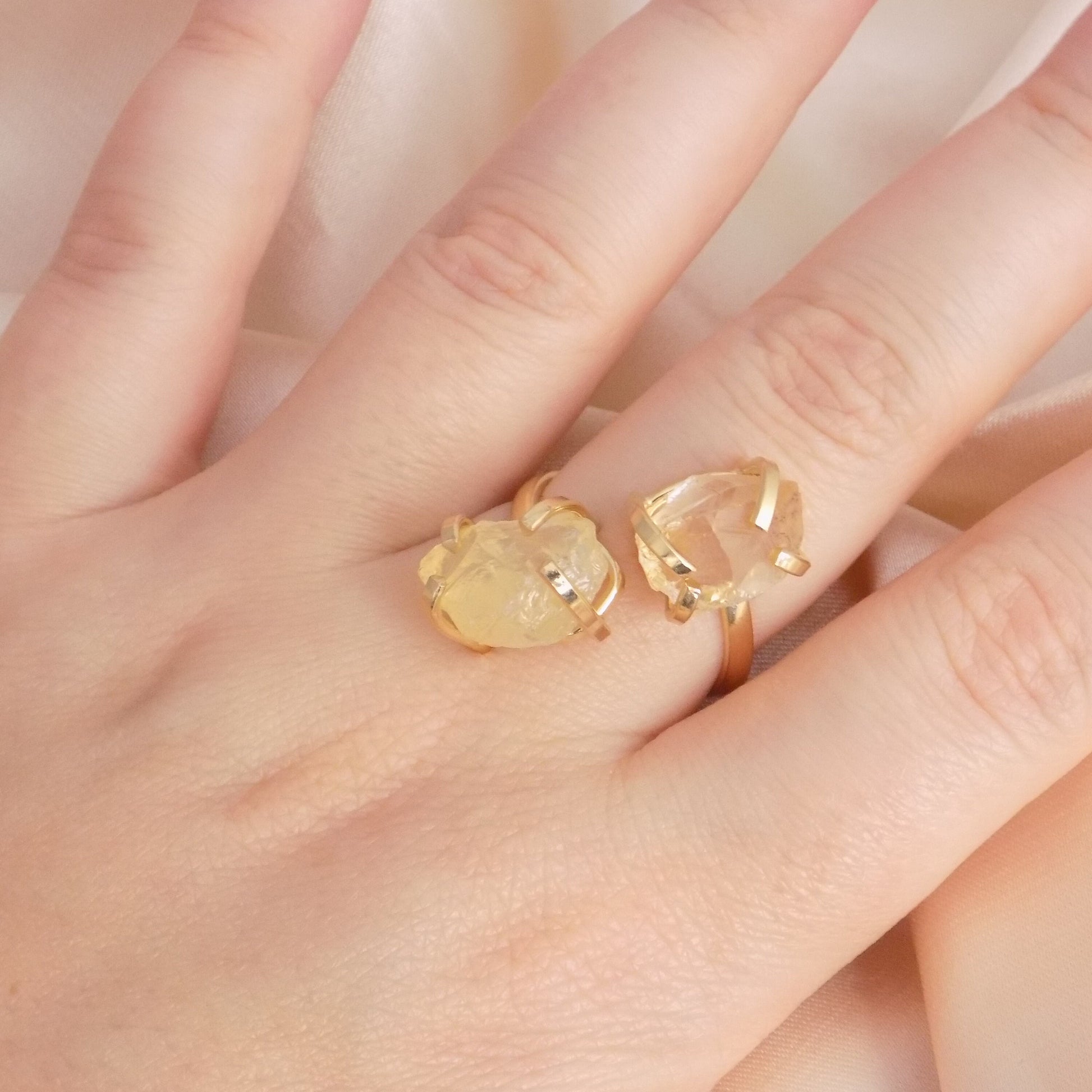 Raw Natural Citrine Ring Gold, Crystal Gemstone Ring Adjustable, Yellow Two Stones Statement Rings For Women, G15-239