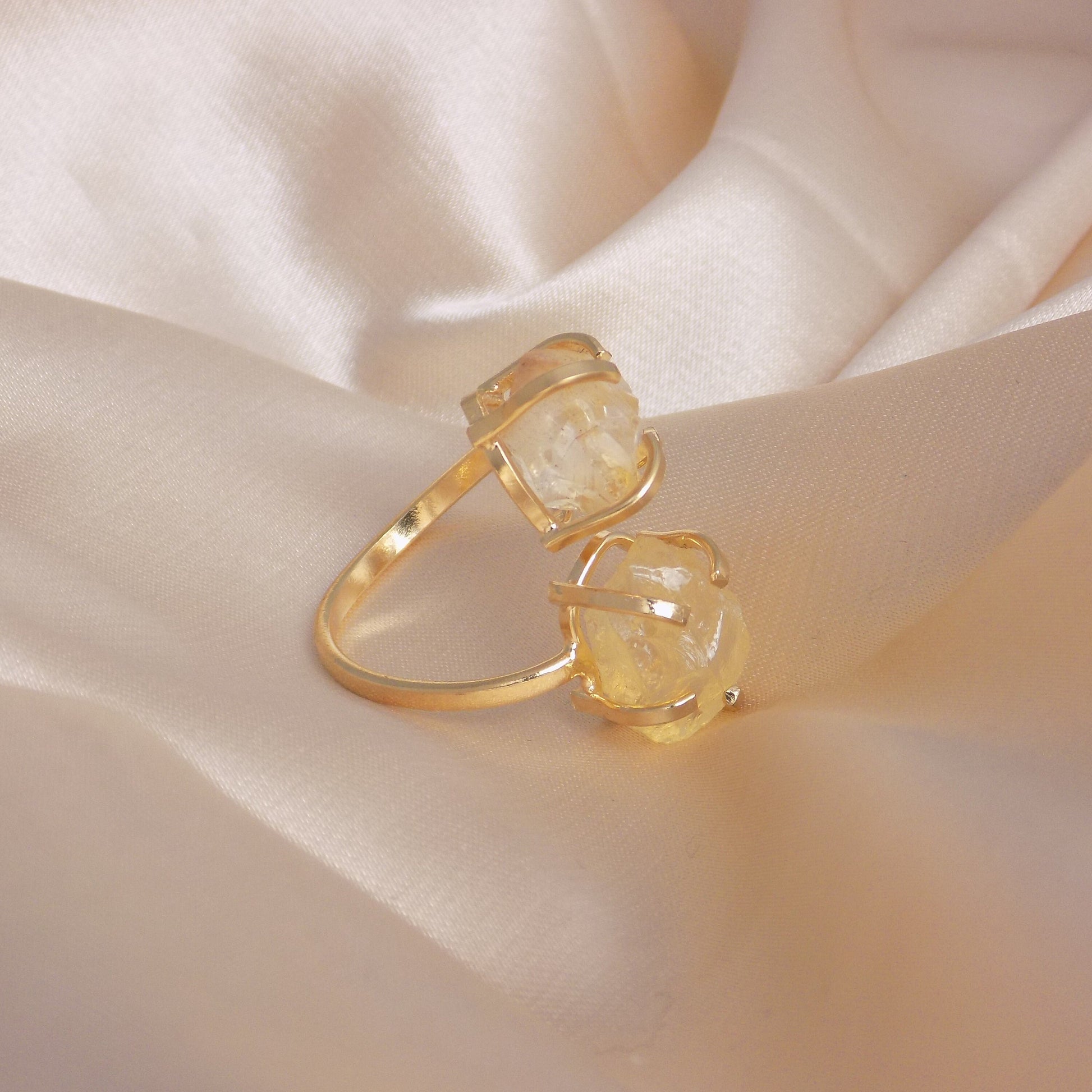 Raw Natural Citrine Ring Gold, Crystal Gemstone Ring Adjustable, Yellow Two Stones Statement Rings For Women, G15-239