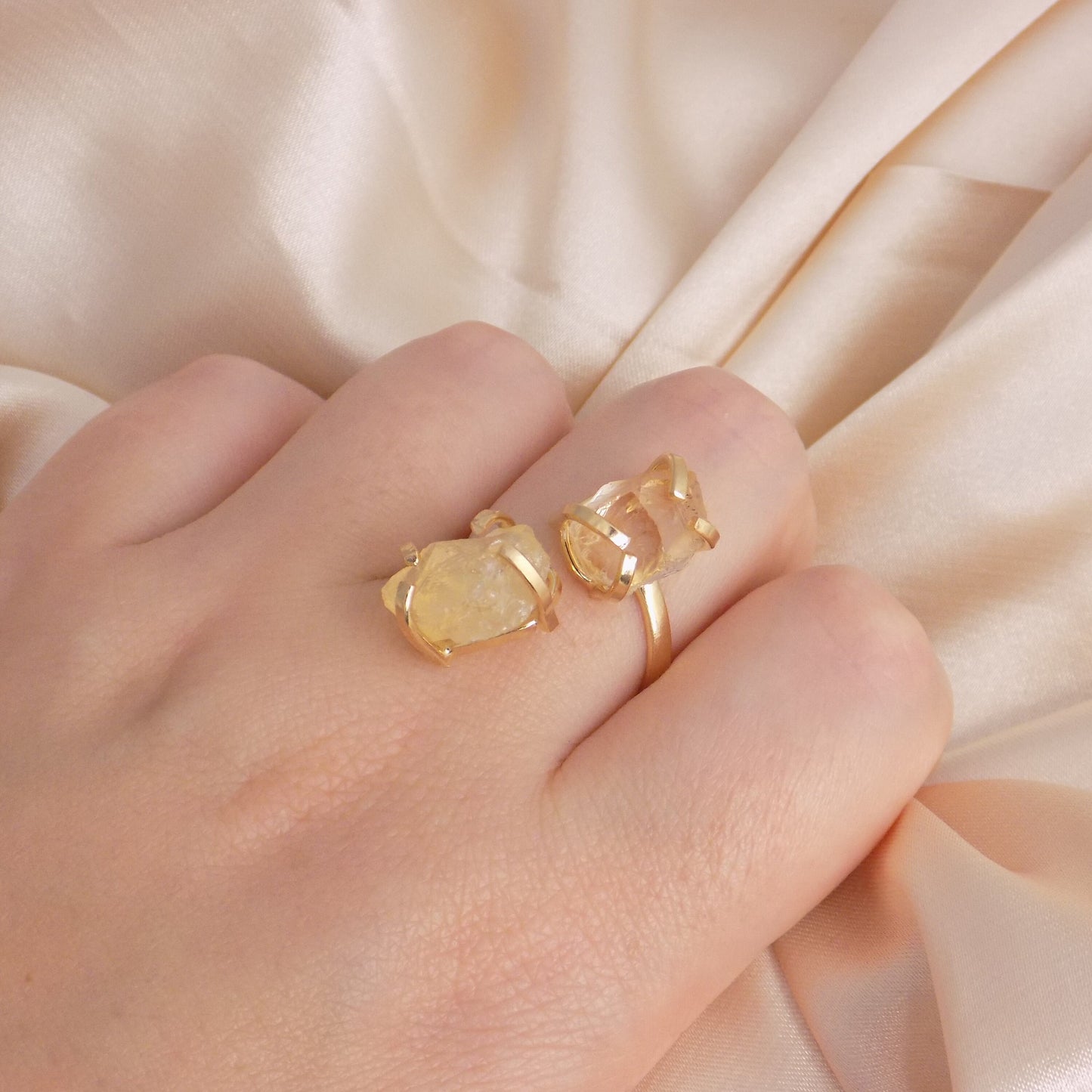 Raw Natural Citrine Ring Gold, Crystal Gemstone Ring Adjustable, Yellow Two Stones Statement Rings For Women, G15-239