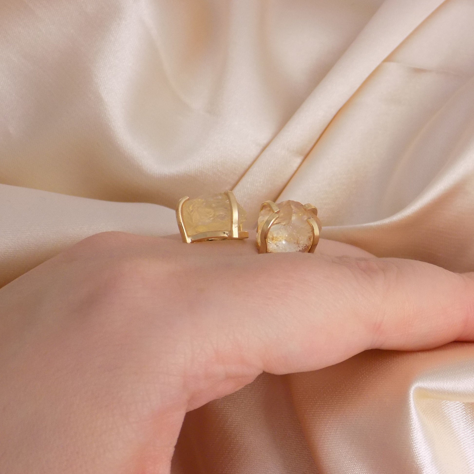 Raw Natural Citrine Ring Gold, Crystal Gemstone Ring Adjustable, Yellow Two Stones Statement Rings For Women, G15-239