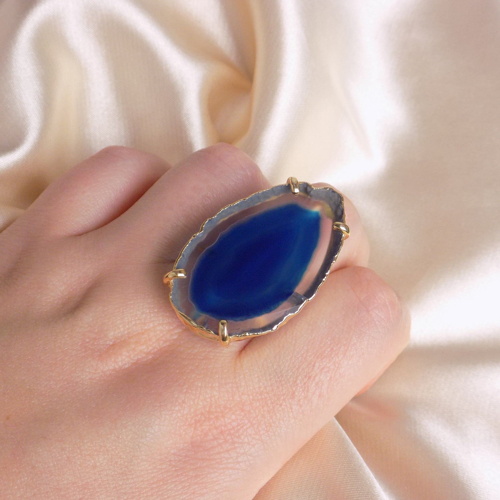 Boho Large Statement Ring - Agate Ring Blue