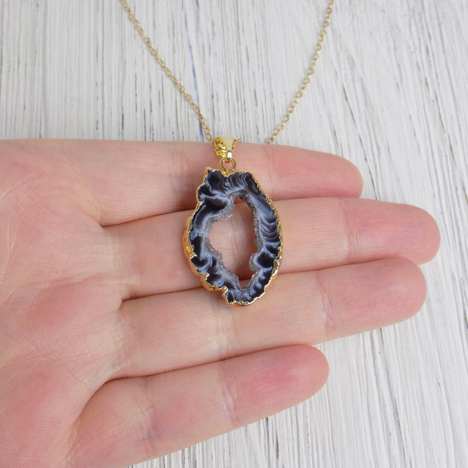 Large Statement Necklace, Gray Geode Necklace, Gold Druzy Pendant Necklace For Women, G14-299