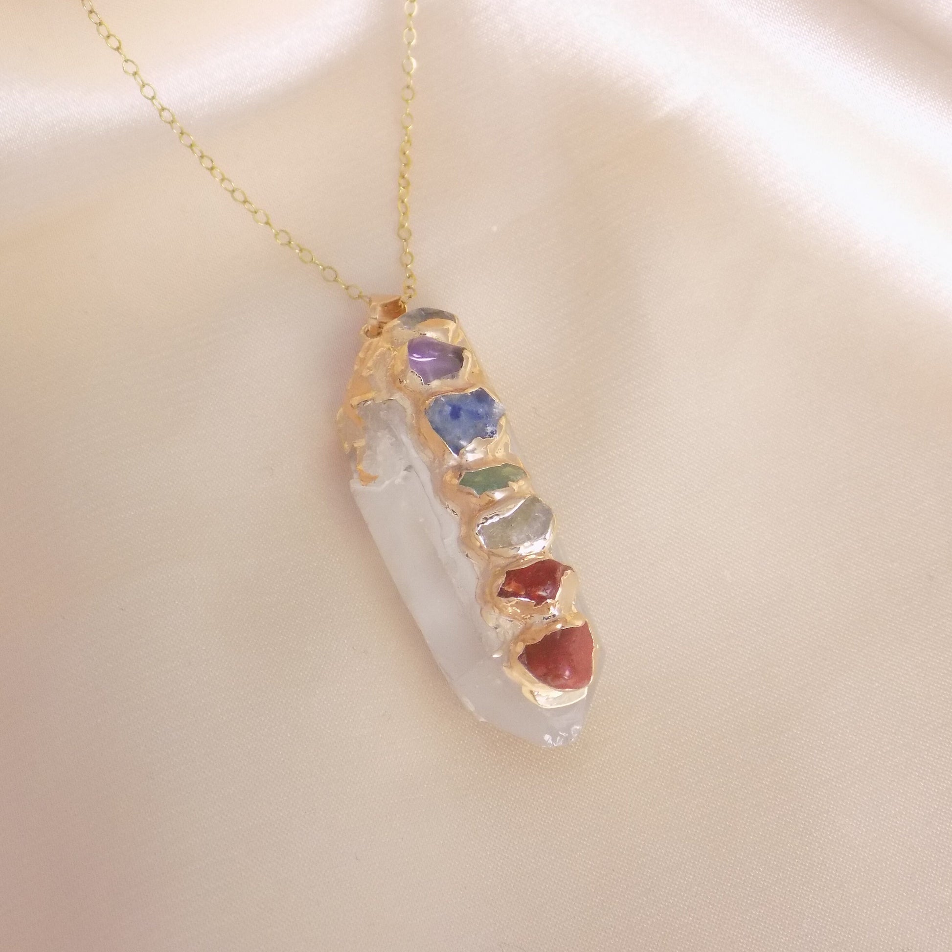 Crystal Chakra Necklace Gold, 7 Chakra Crystals Pendant, Yoga Reiki Jewelry, Boho Long Necklaces For Women Gift, G15-331