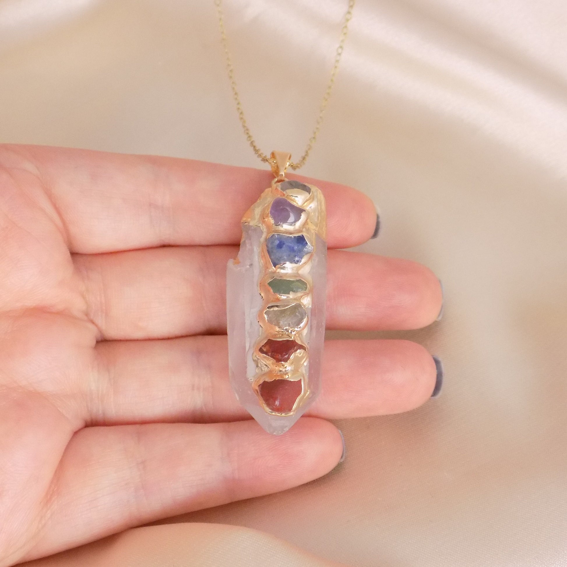 Crystal Chakra Necklace Gold, 7 Chakra Crystals Pendant, Yoga Reiki Jewelry, Boho Long Necklaces For Women Gift, G15-331