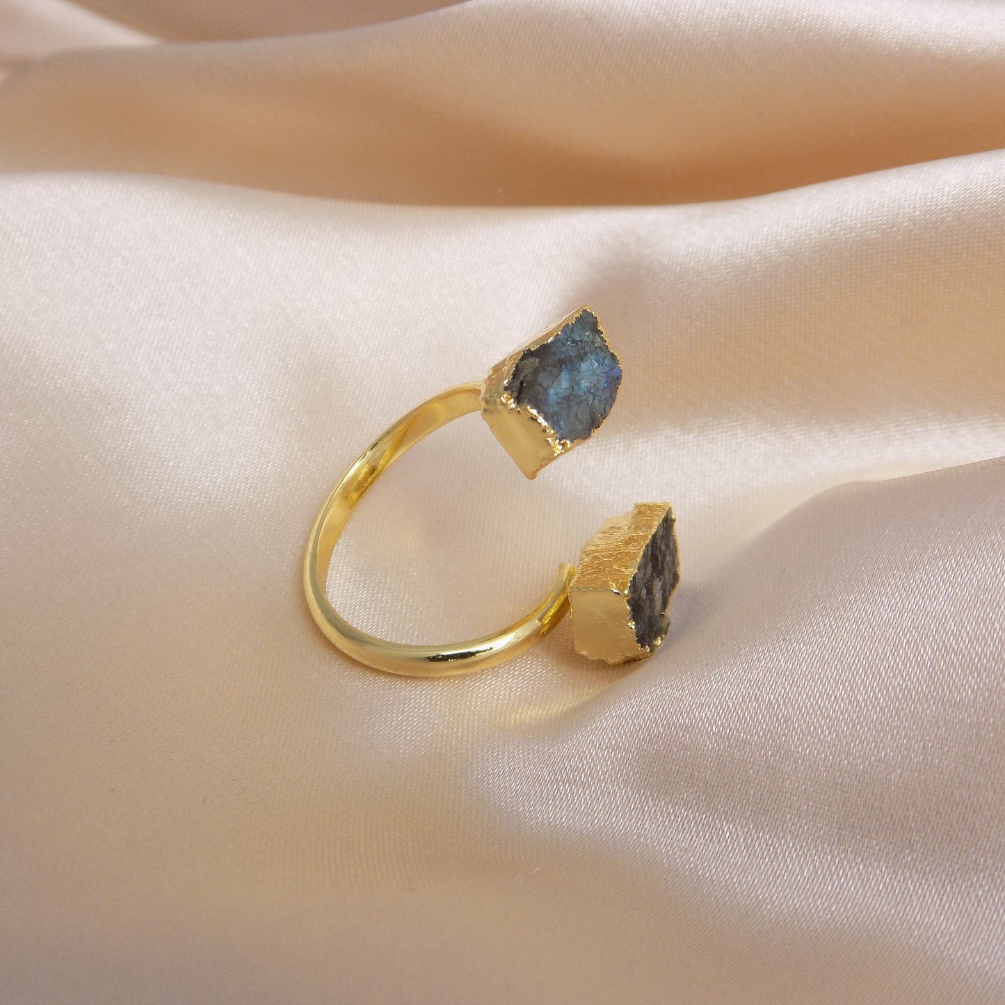 Raw Labradorite Ring, Rough Crystal Ring Gold Plated Adjustable, Boho Gemstone, Gift For Her, M7-313