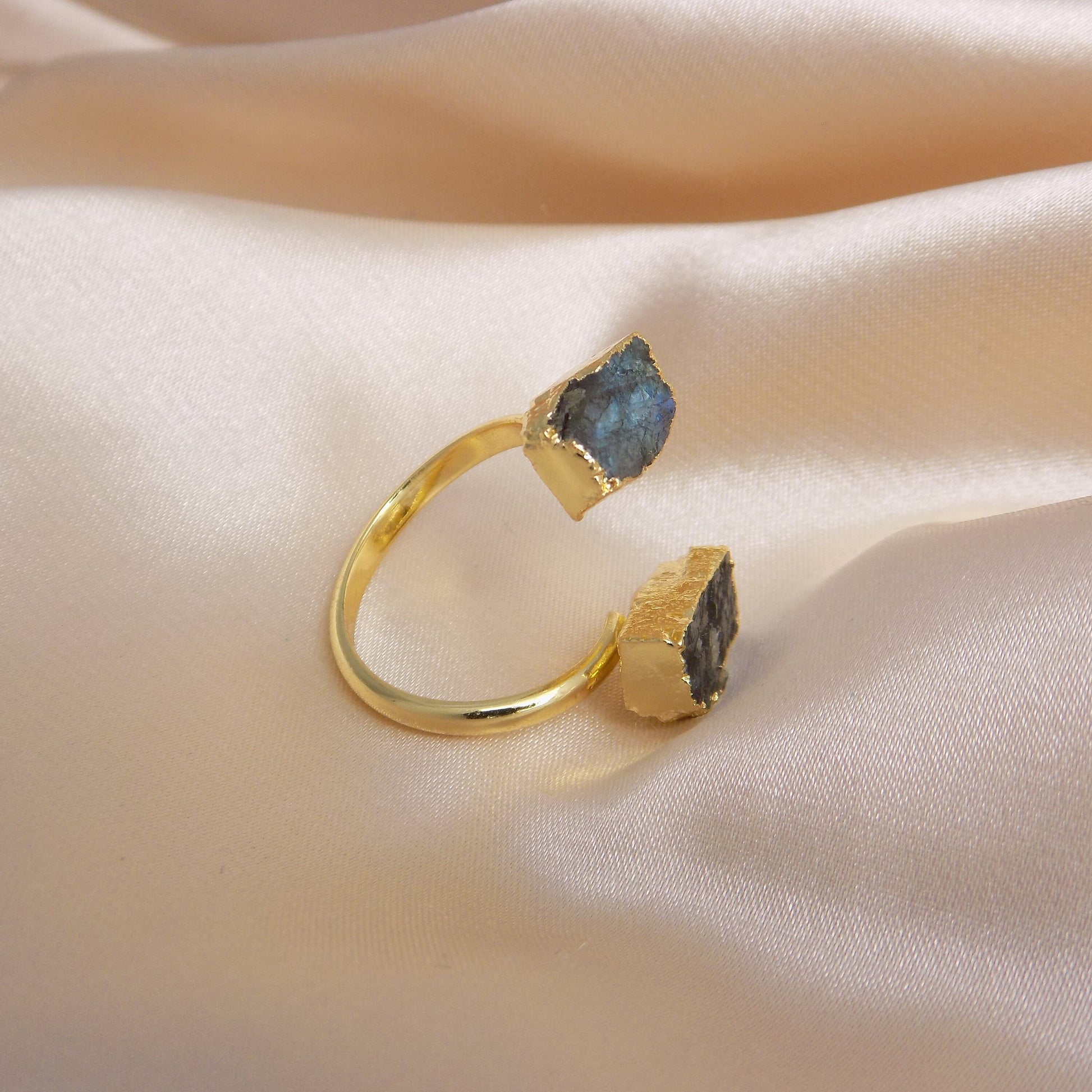 Raw Labradorite Ring, Rough Crystal Ring Gold Plated Adjustable, Boho Gemstone, Gift For Her, M7-313