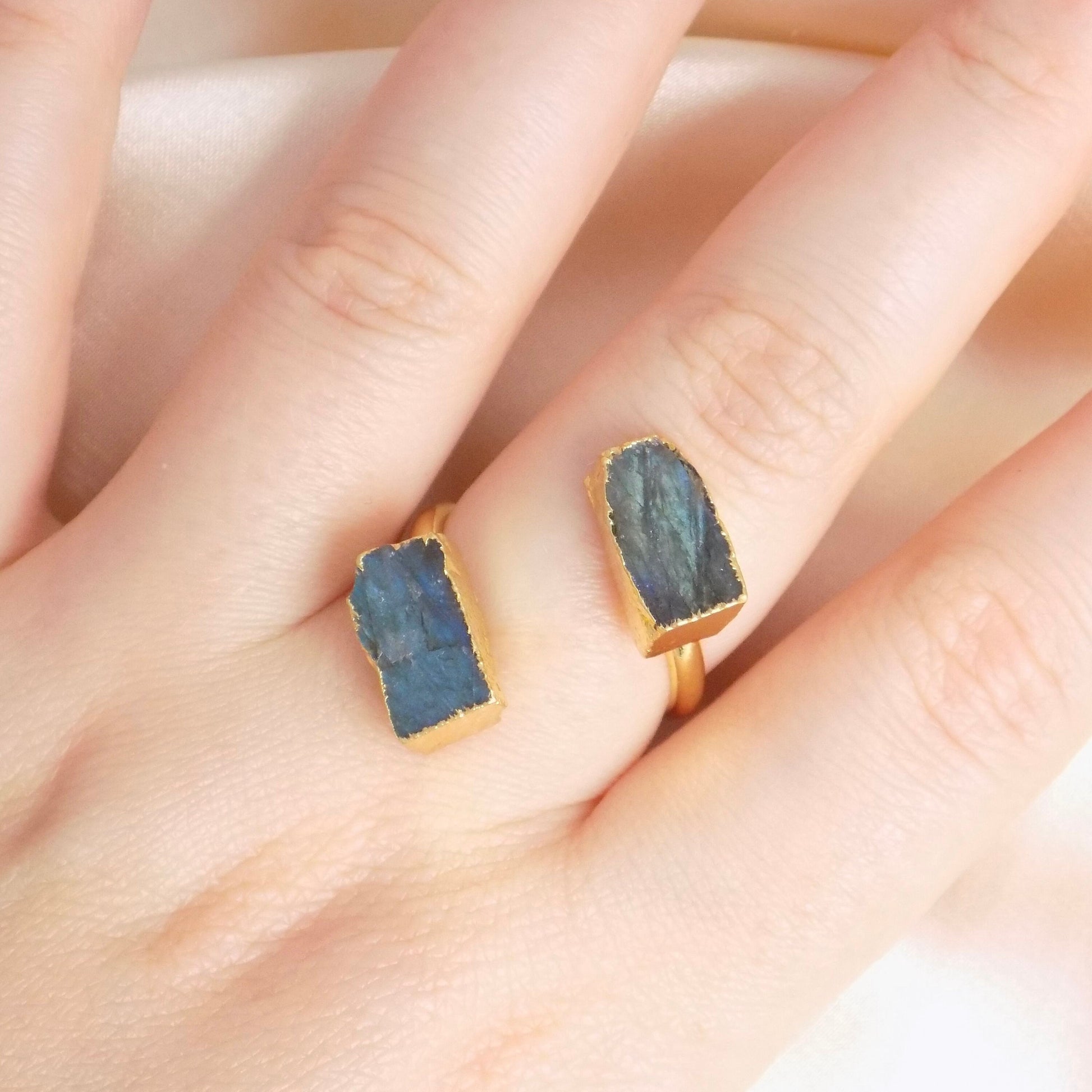 Raw Labradorite Ring, Rough Crystal Ring Gold Plated Adjustable, Boho Gemstone, Gift For Her, M7-313