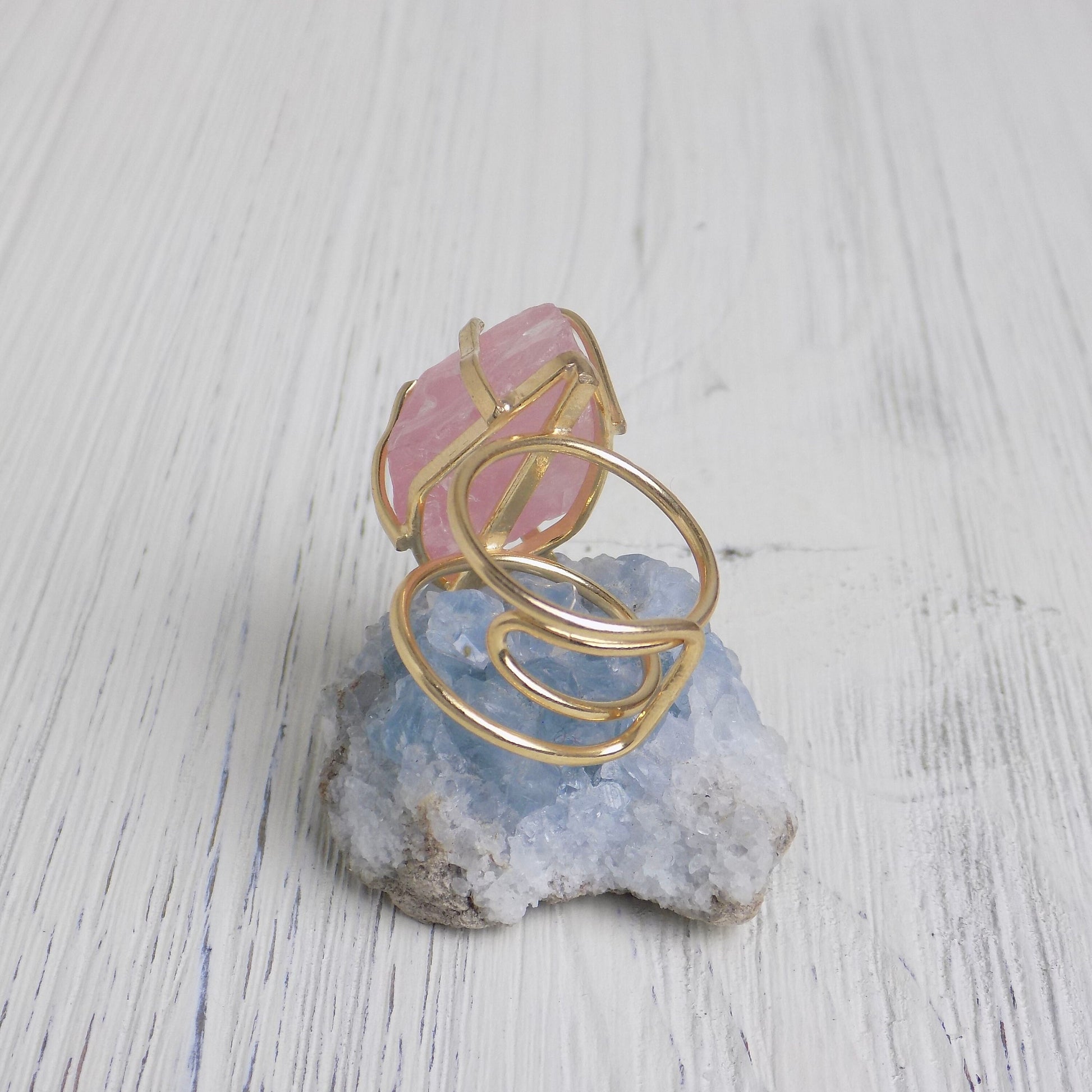 Light Pink Raw Rose Quartz Gemstone Ring Adjustable Gold Plated, G14-273