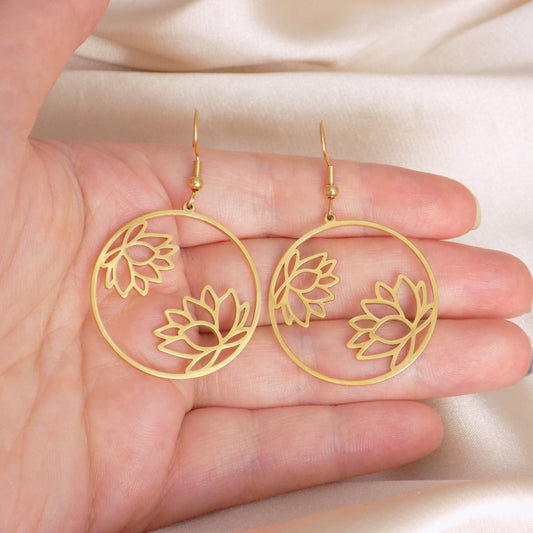Unique Lotus Earrings, Gold Hollow Round Earring, New Beginnings, Minimalist Gifts For Her, M7-314