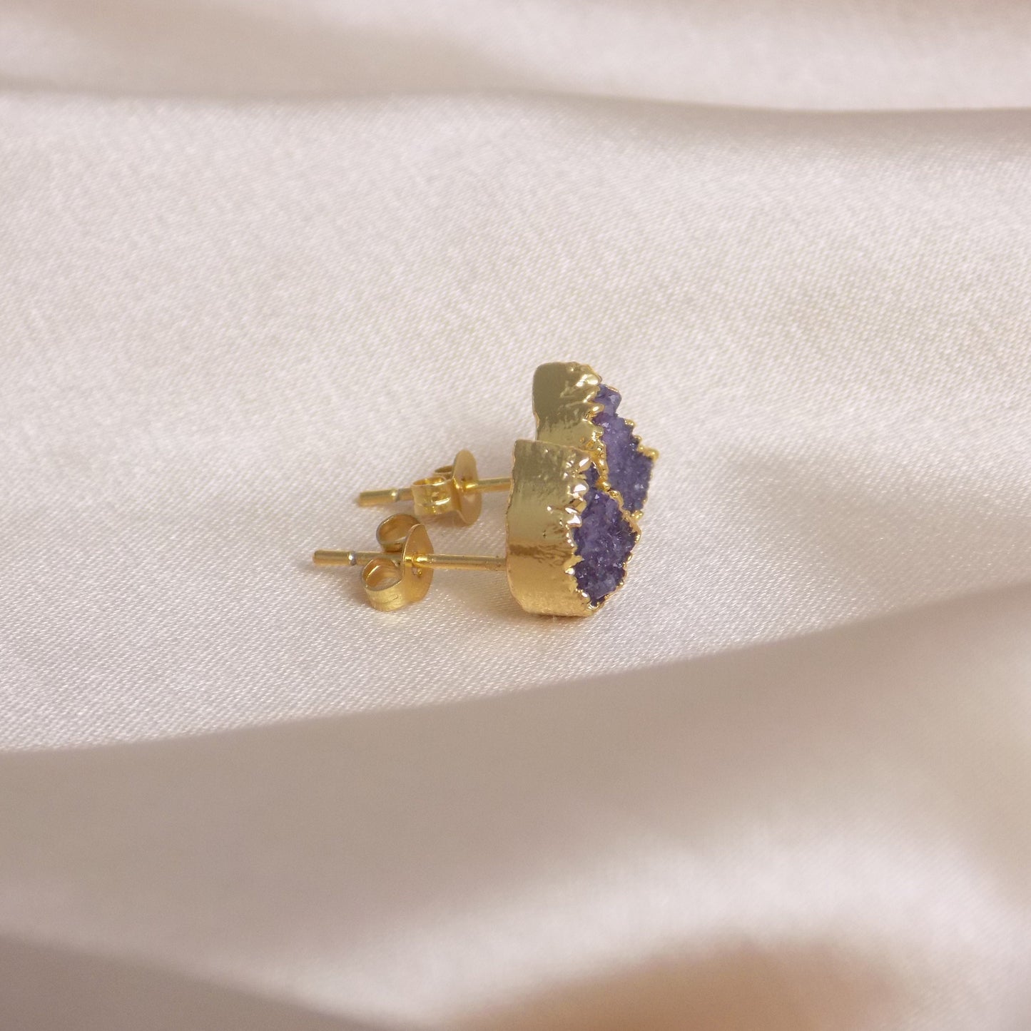 Gift For Her, Celestial Jewelry, Moon Earring Stud, Boho Half Moon Earrings, Purple Real Druzy Earring, Natural Stone Earring, M7-344