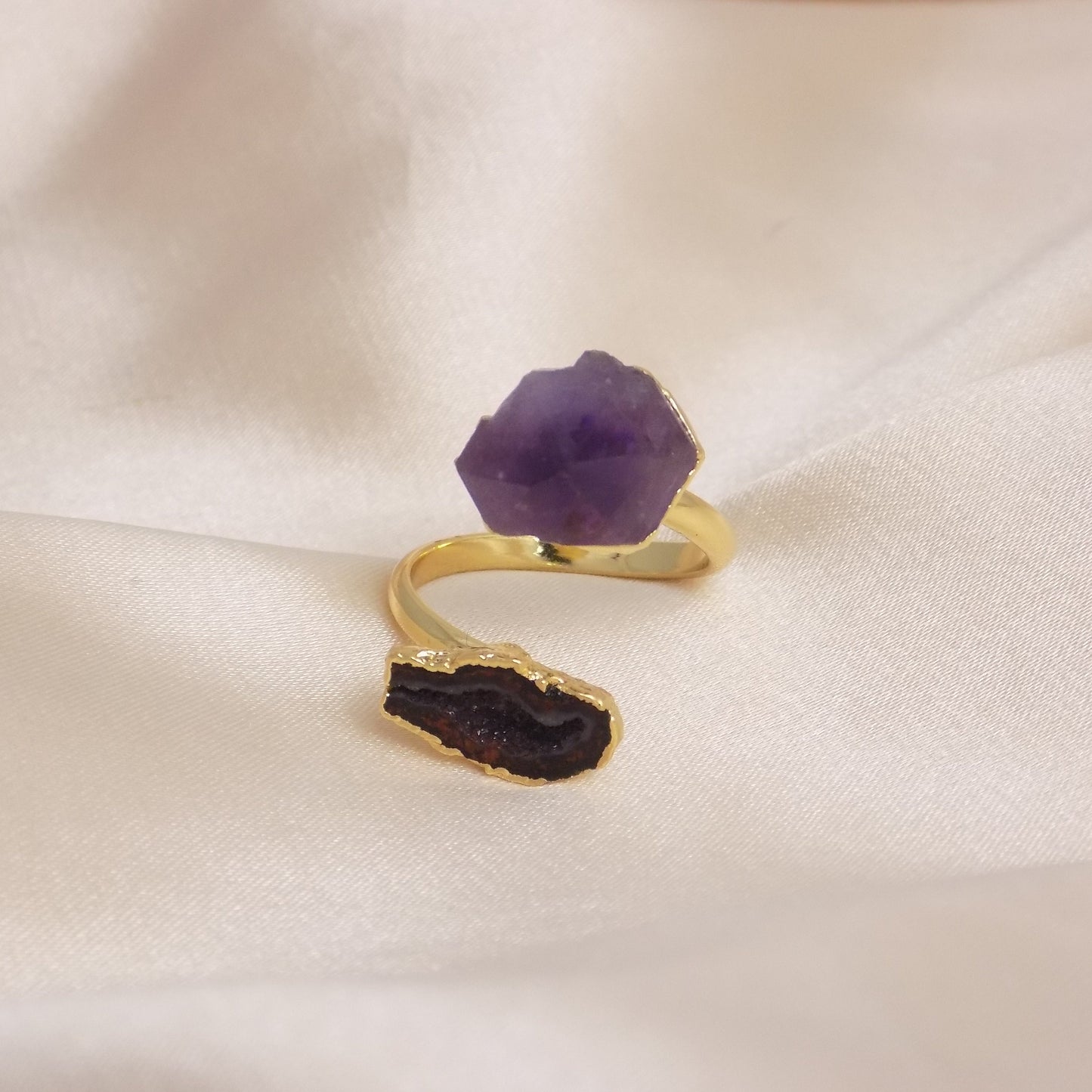 Amethyst and Geode Crystal Ring Gold Plated, Boho Gemstone Ring For Women, Gifts For Her, M7-327