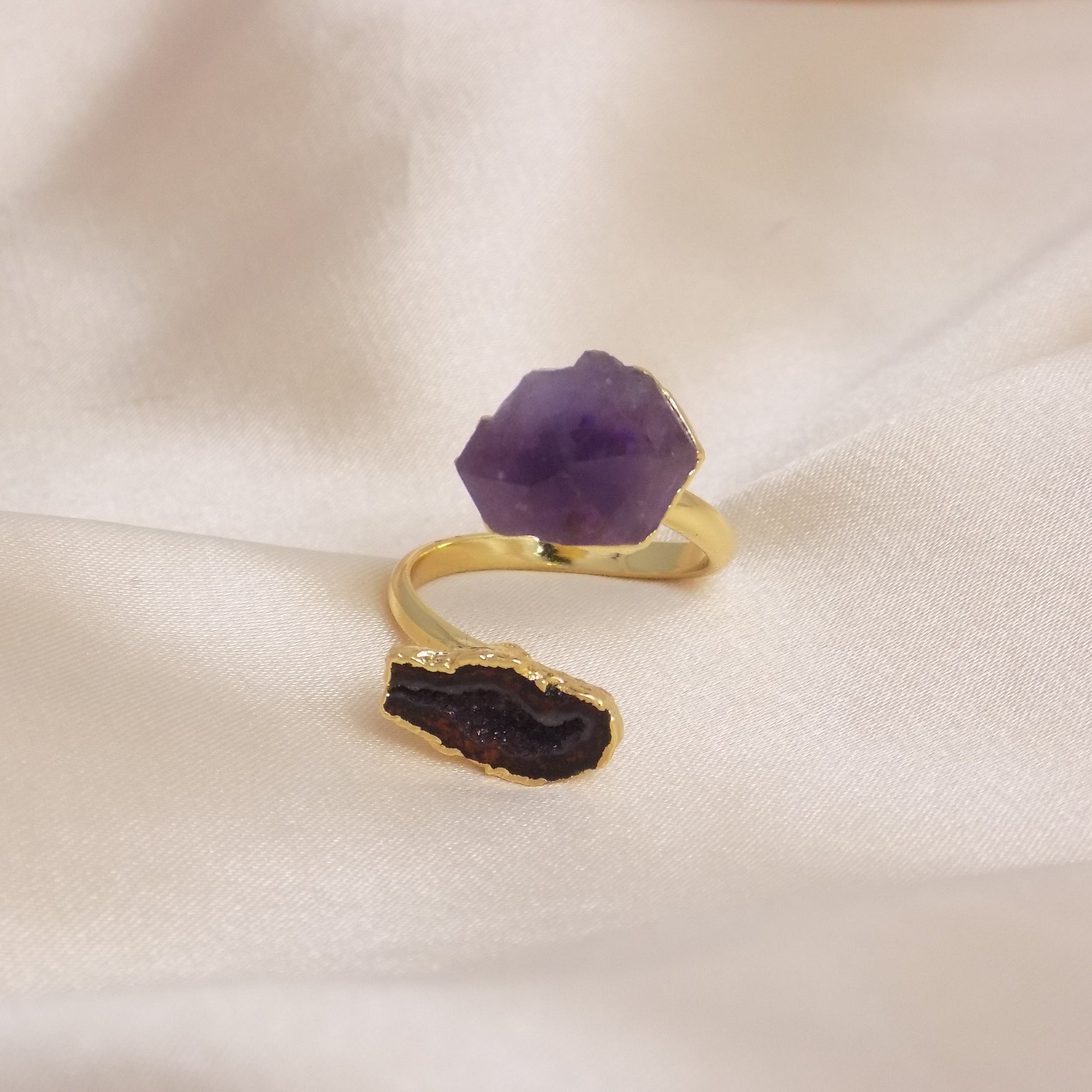 Amethyst and Geode Crystal Ring Gold Plated, Boho Gemstone Ring For Women, Gifts For Her, M7-327
