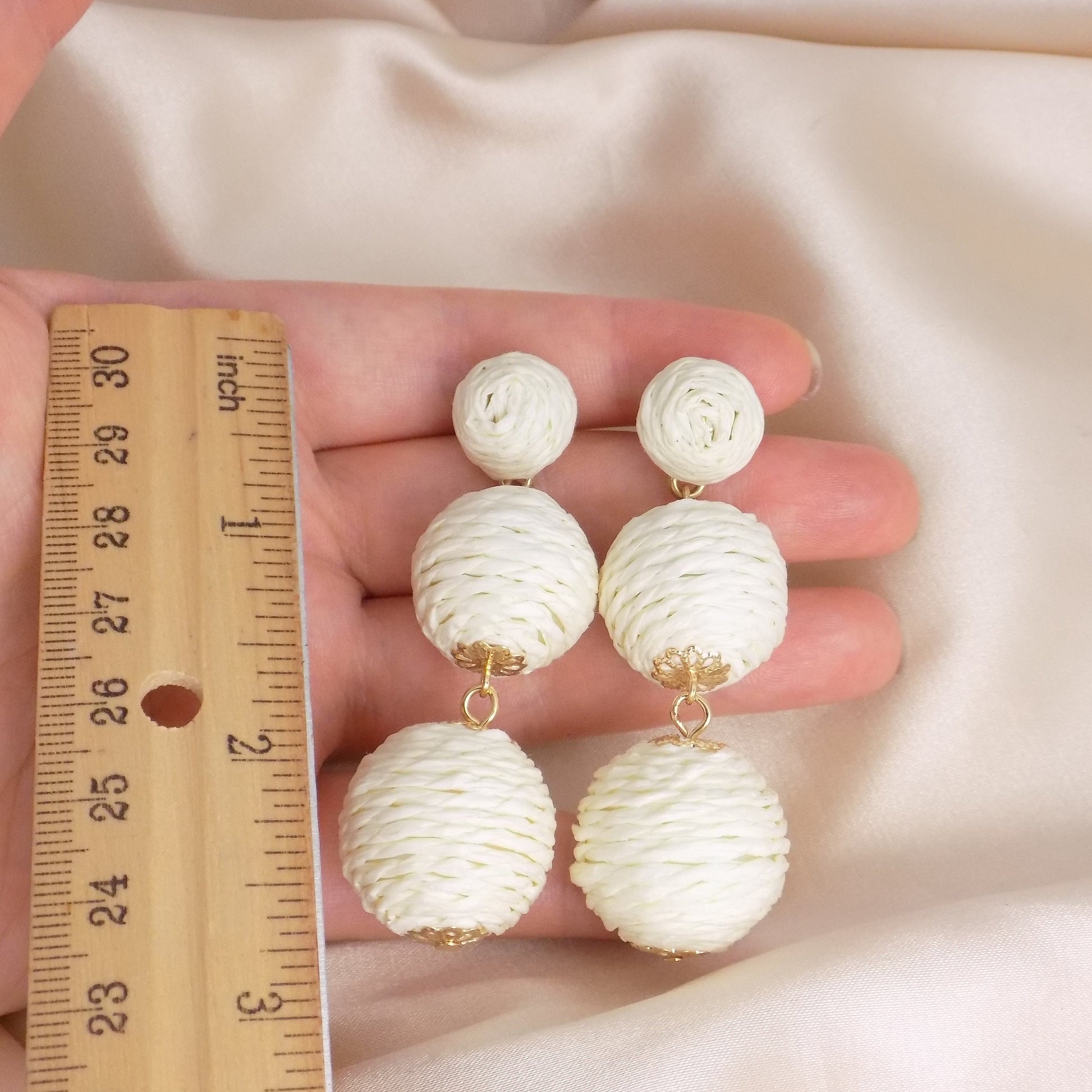Large Boho Earrings White Gold, Statement Raffia Dangle Earrings, Gifts For Her, M7-328