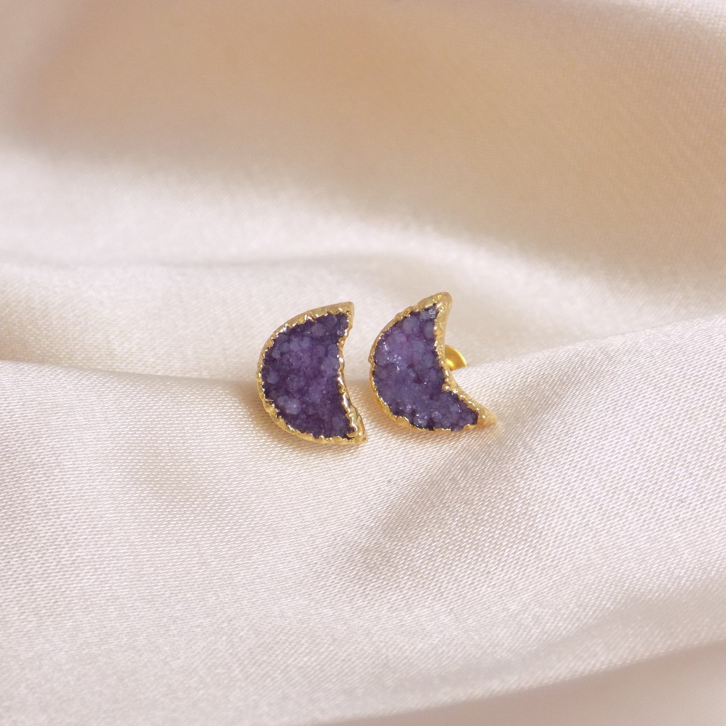 Gift For Her, Celestial Jewelry, Moon Earring Stud, Boho Half Moon Earrings, Purple Real Druzy Earring, Natural Stone Earring, M7-344