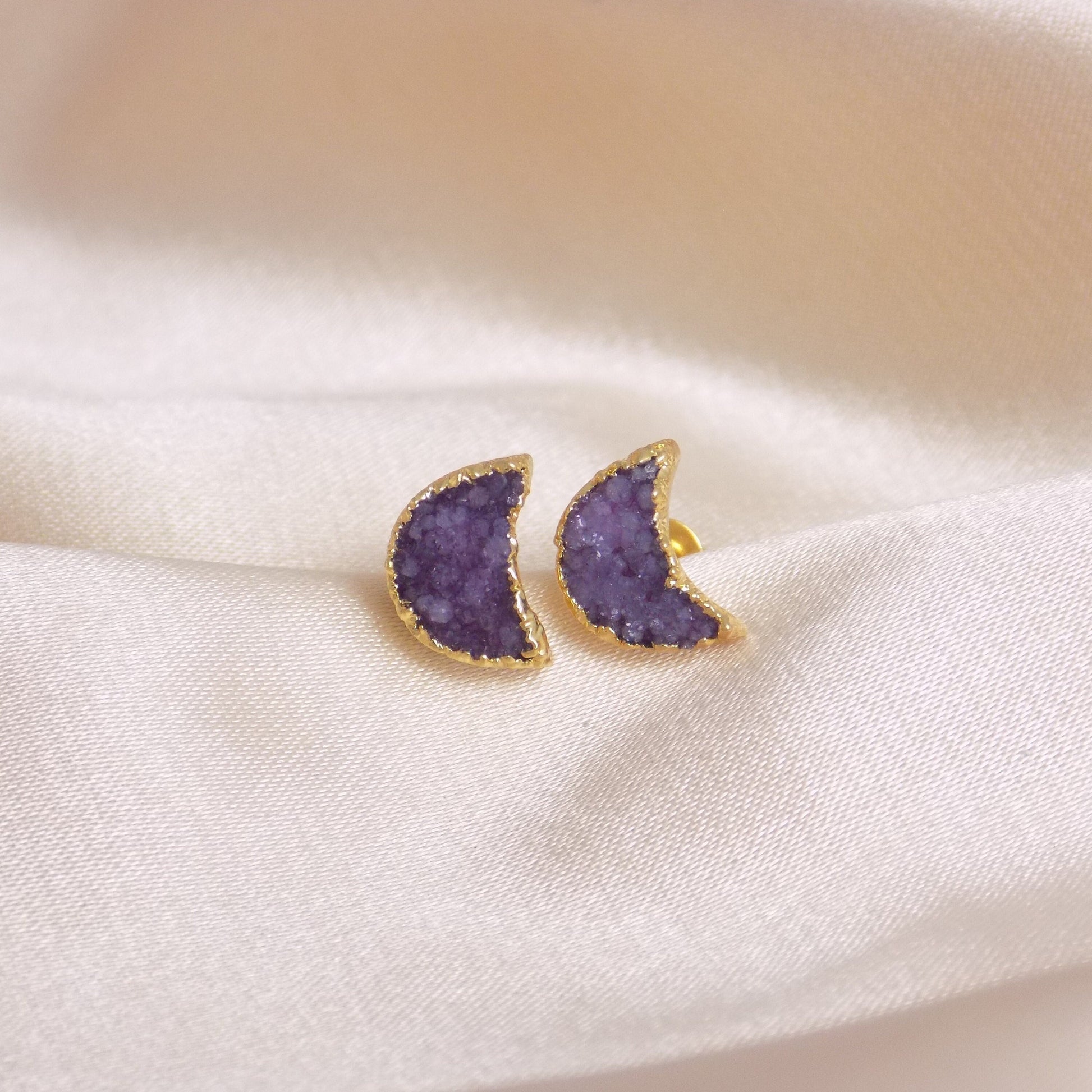 Gift For Her, Celestial Jewelry, Moon Earring Stud, Boho Half Moon Earrings, Purple Real Druzy Earring, Natural Stone Earring, M7-344