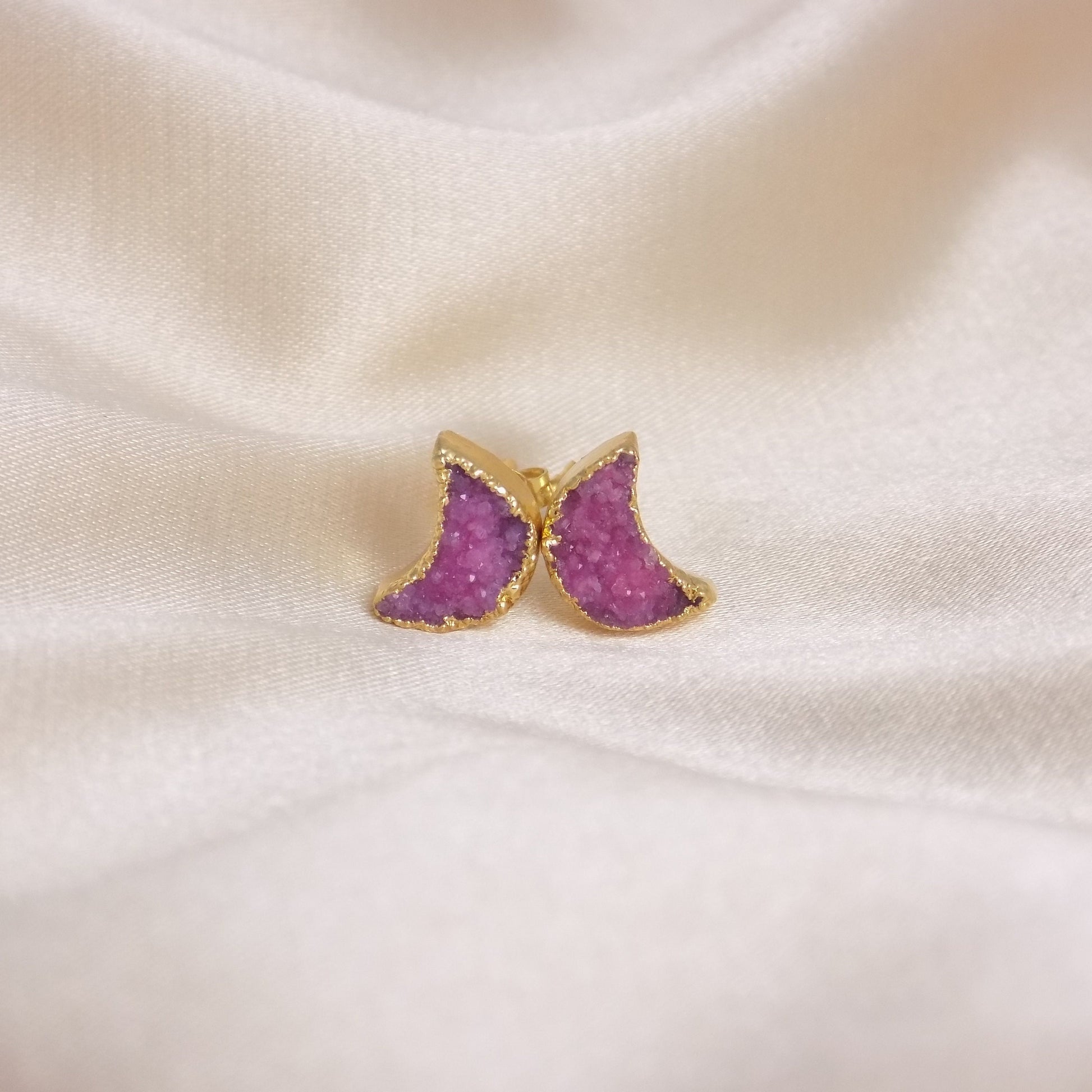Celestial Jewelry, Moon Earring Stud, Boho Half Moon Earrings, Hot Pink Real Druzy Earring, Natural Stone Earring, M7-356