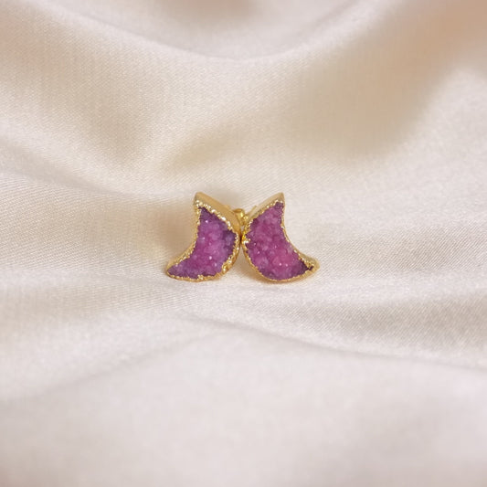 Celestial Jewelry, Moon Earring Stud, Boho Half Moon Earrings, Hot Pink Real Druzy Earring, Natural Stone Earring, M7-356
