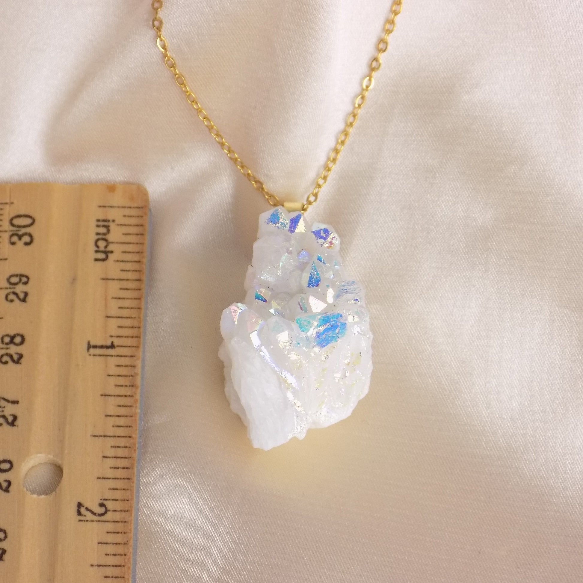 Angel Aura Quartz Cluster Necklace, Iridescent White Druzy Pendant Gold Extra Large, Unique Gifts For Her, M7-94