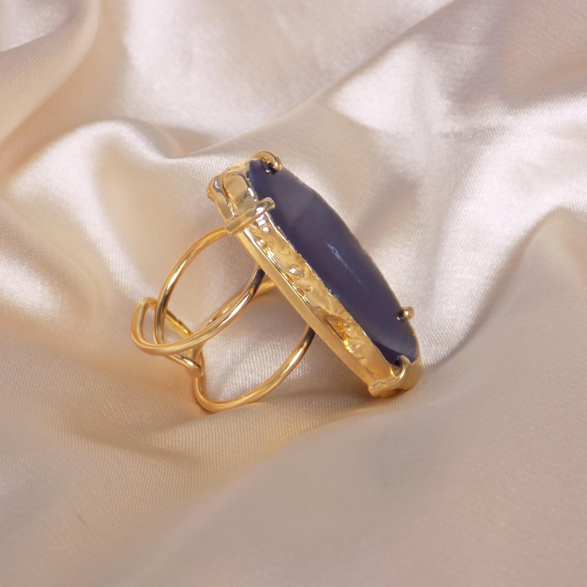 Gifts For Her, Large Blue Agate Slice Natural Gemstone Ring Gold Dipped Adjustable, G15-358
