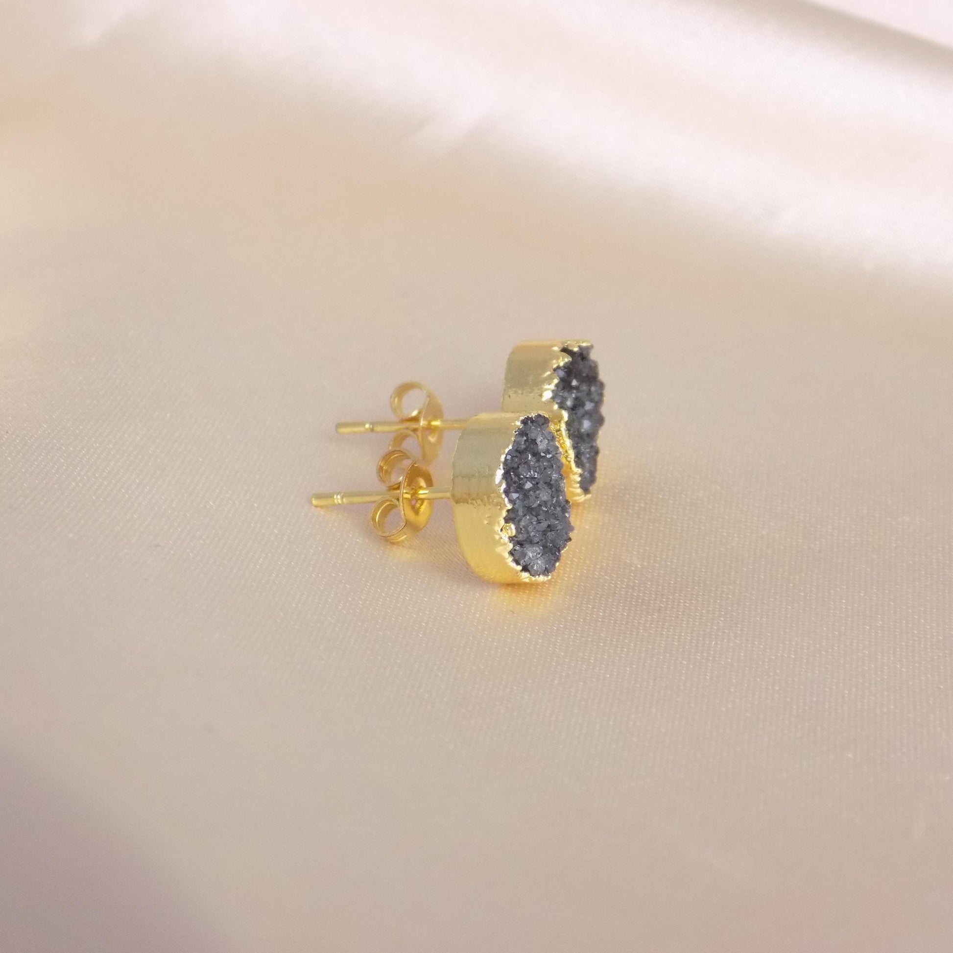 Black Druzy Earrings Stud, Genuine Druzy Posts Gold, 10mm Raw Gemstone, Christmas Gift Women, M7-225