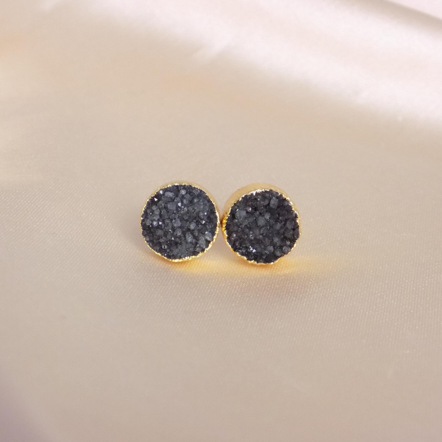 Black Druzy Earrings Stud, Genuine Druzy Posts Gold, 10mm Raw Gemstone, Christmas Gift Women, M7-225