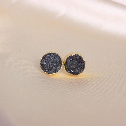 Black Druzy Earrings Stud, Genuine Druzy Posts Gold, 10mm Raw Gemstone, Christmas Gift Women, M7-225