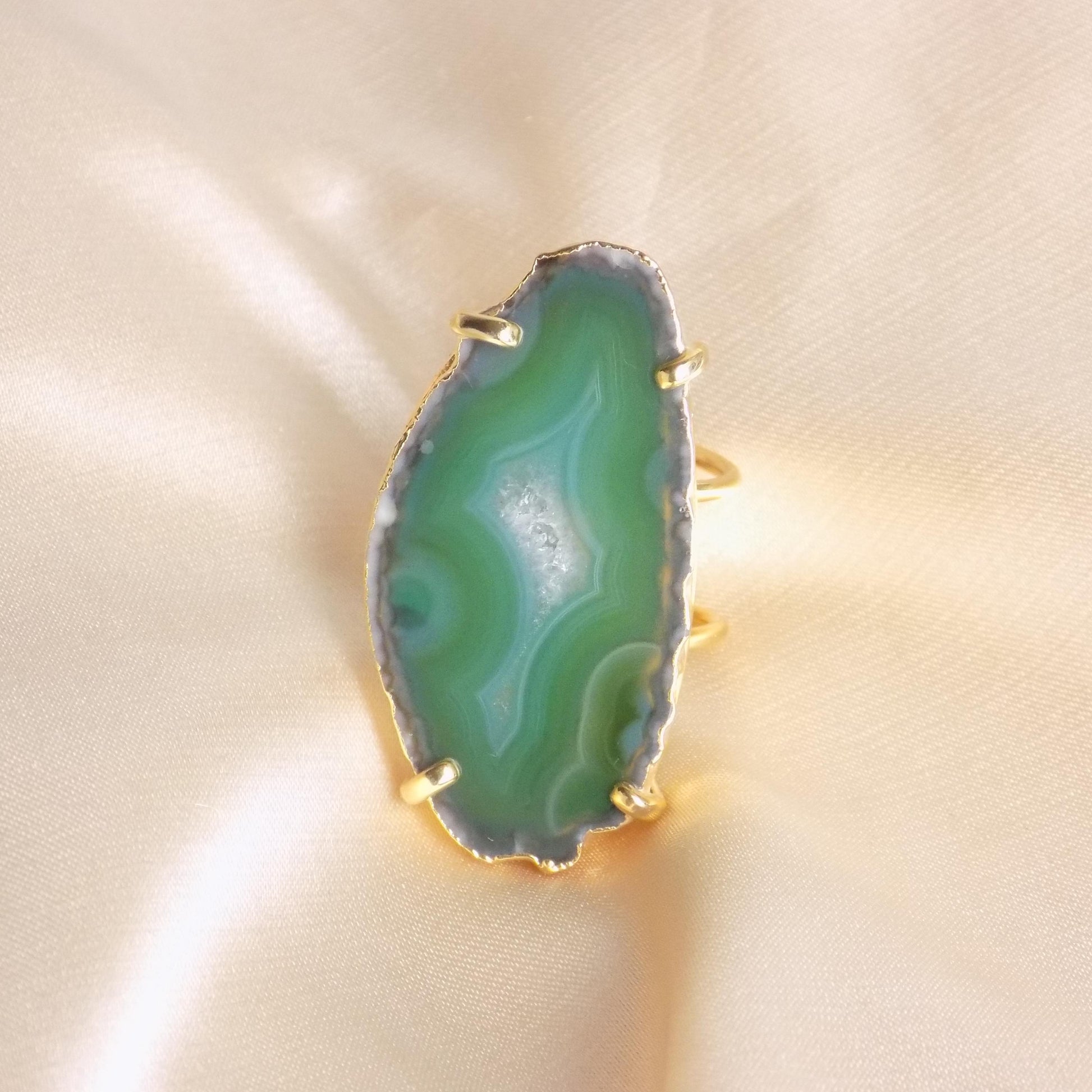 Emerald Green Agate Ring Gold - Statement Geode Ring Adjustable