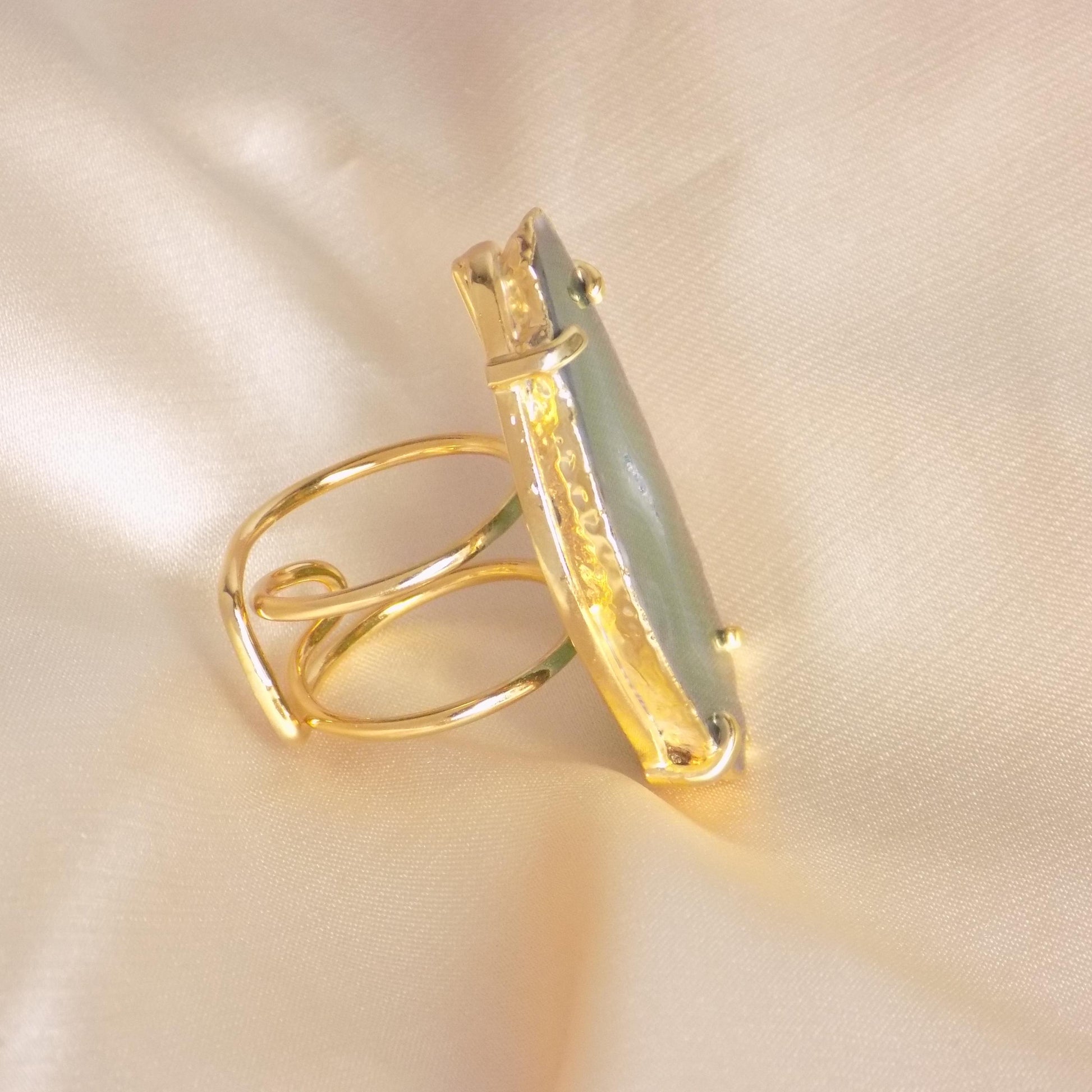 Emerald Green Agate Ring Gold - Statement Geode Ring Adjustable