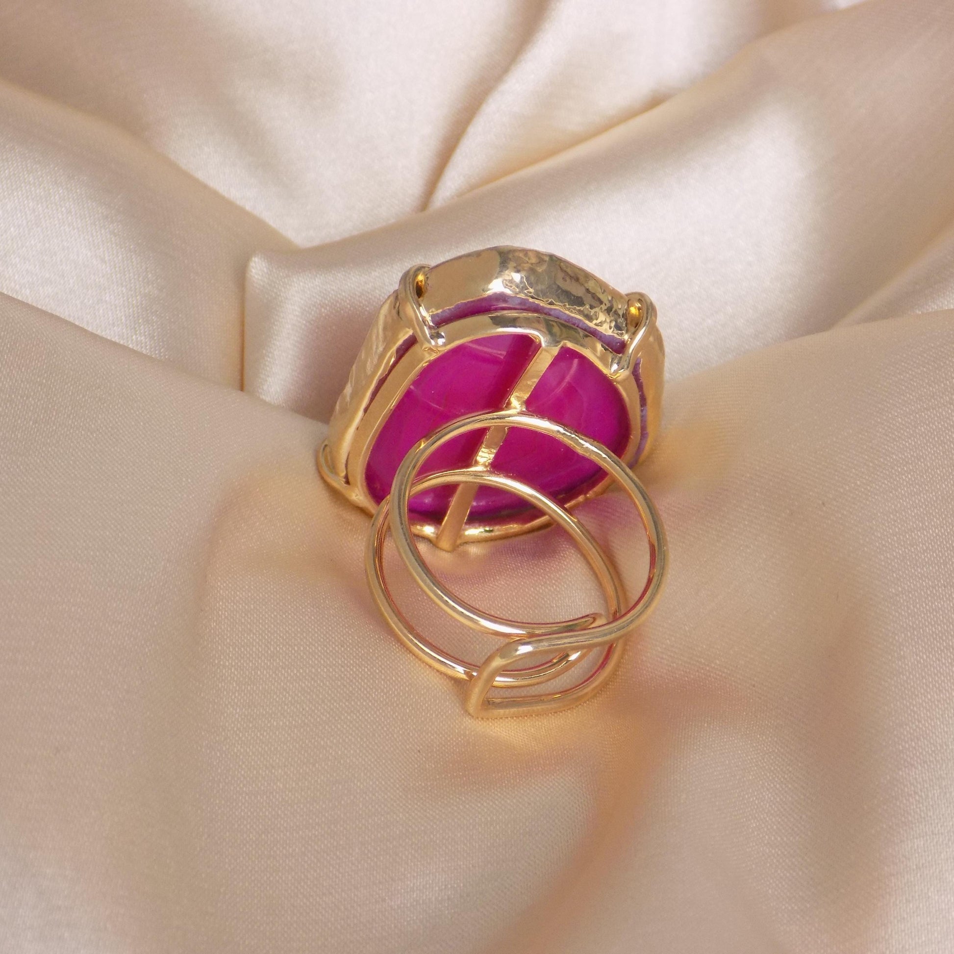 Boho Pink Agate Ring Gold Plated Adjustable - Elegant Statement Jewelry