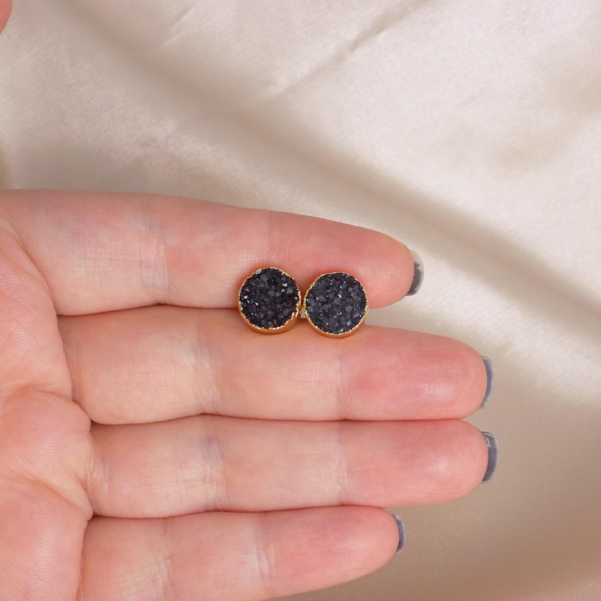 Black Druzy Earrings Stud, Genuine Druzy Posts Gold, 10mm Raw Gemstone, Christmas Gift Women, M7-225