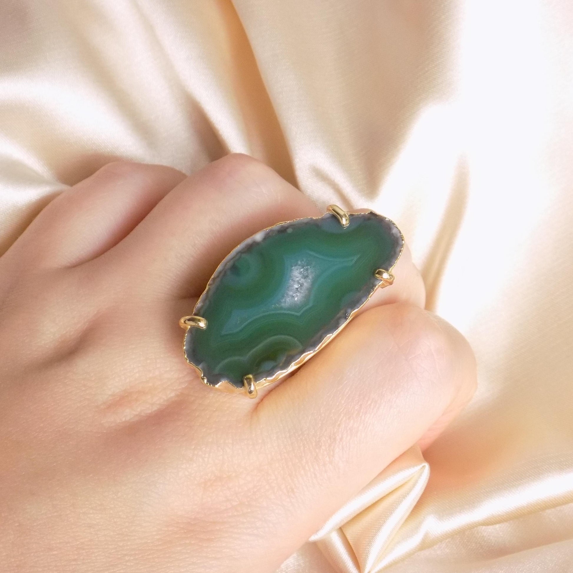Emerald Green Agate Ring Gold - Statement Geode Ring Adjustable