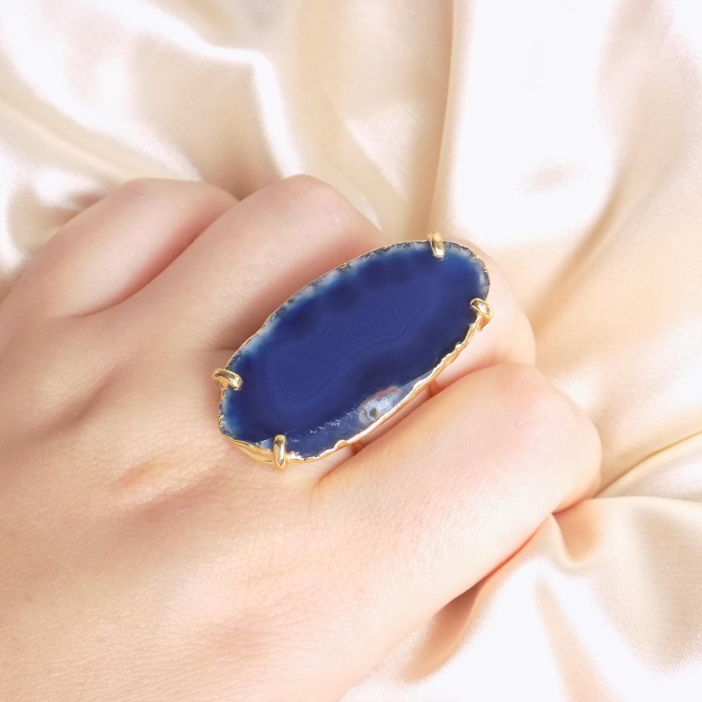 Boho Blue Agate Natural Gemstone Ring - Gold Dipped Adjustable Rings