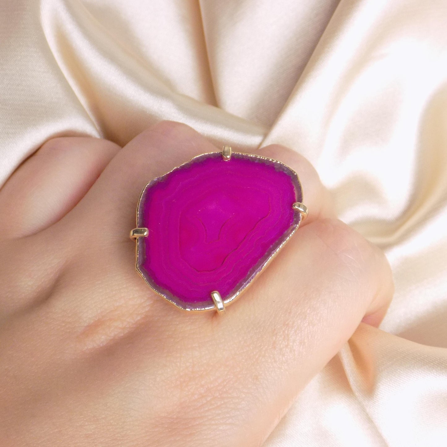Boho Pink Agate Ring Gold Plated Adjustable - Elegant Statement Jewelry