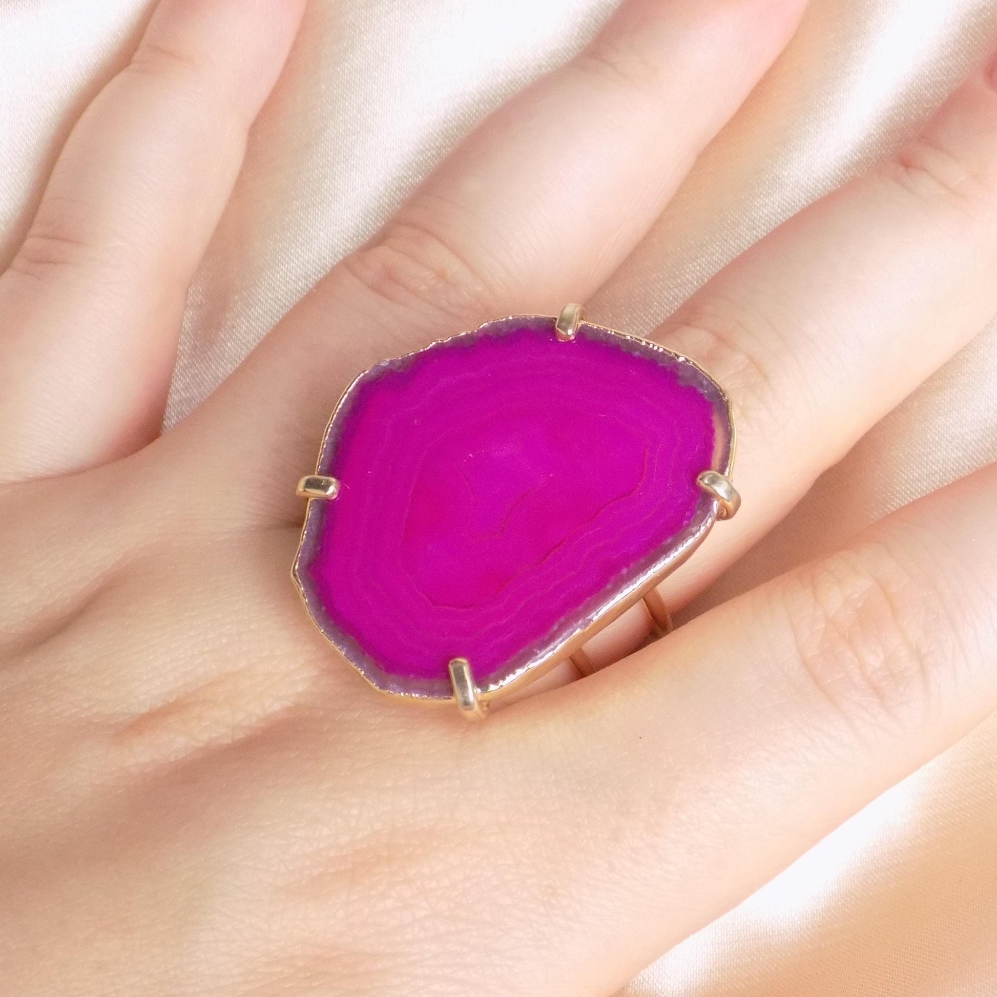 Boho Pink Agate Ring Gold Plated Adjustable - Elegant Statement Jewelry
