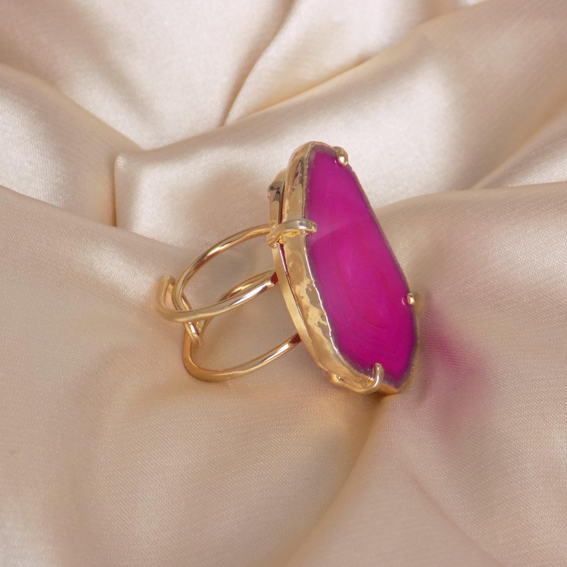 Boho Pink Agate Ring Gold Plated Adjustable - Elegant Statement Jewelry