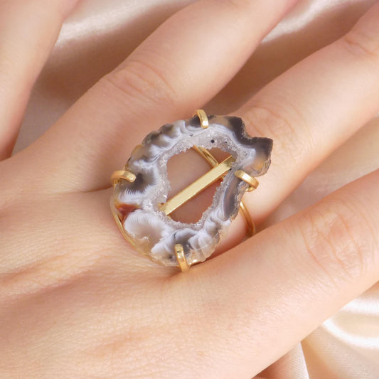 Brown Geode Slice Gemstone Ring Gold Plated Adjustable Band, G15-27