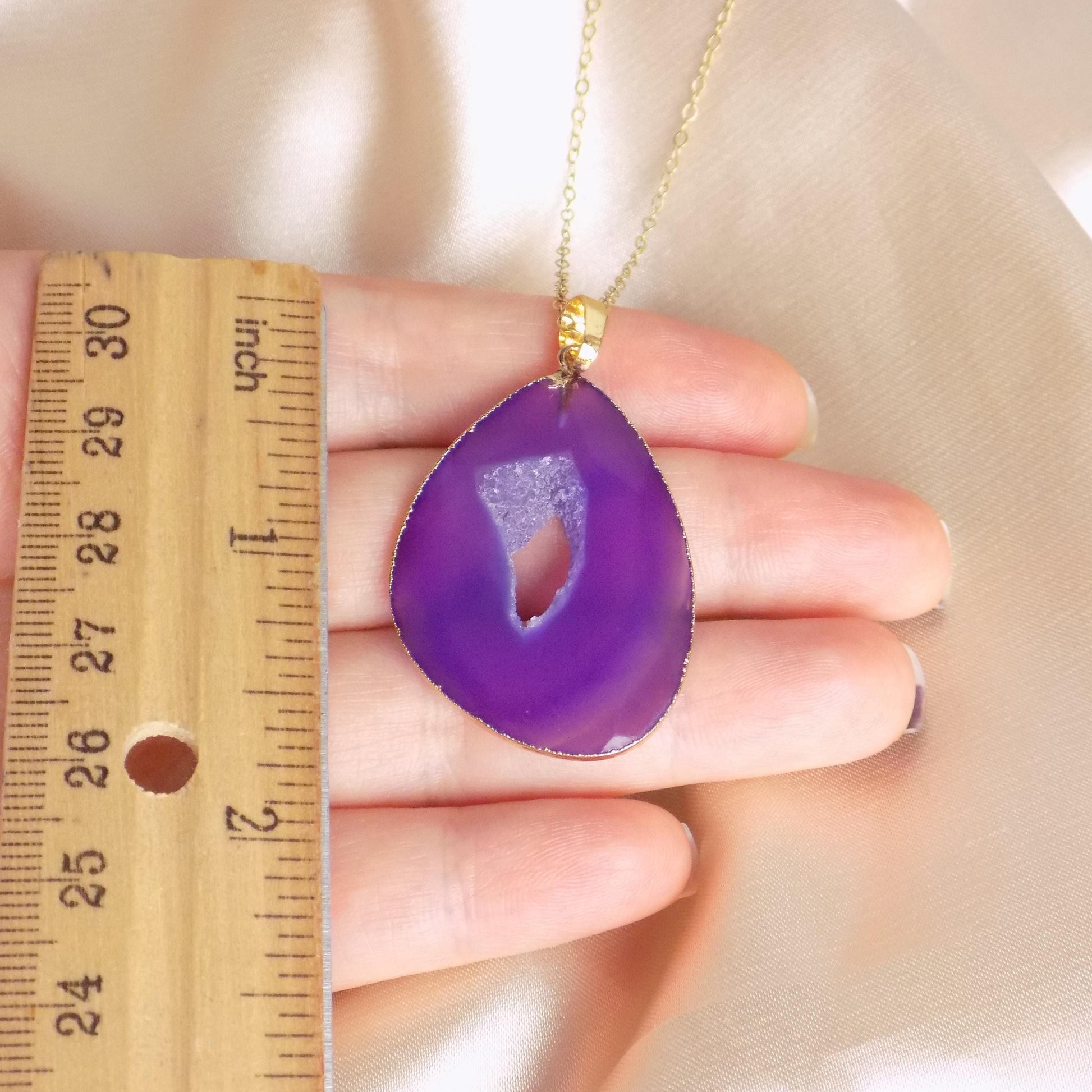 Purple Geode Necklace Gold, Boho Statement Pendant, Large Sparkly Crystal, Druzy Gemstone, Christmas Gift Women, M7-415