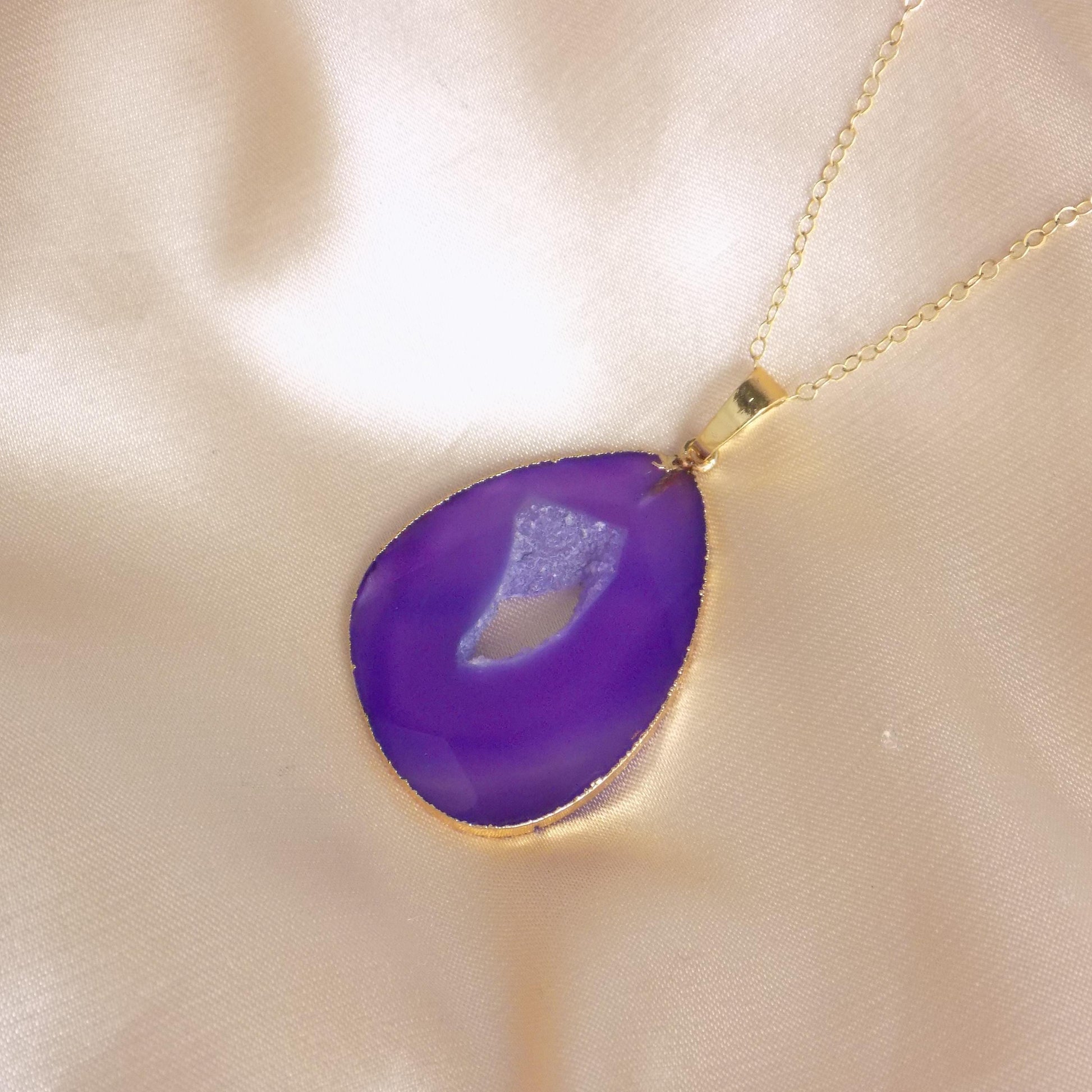 Purple Geode Necklace Gold, Boho Statement Pendant, Large Sparkly Crystal, Druzy Gemstone, Christmas Gift Women, M7-415