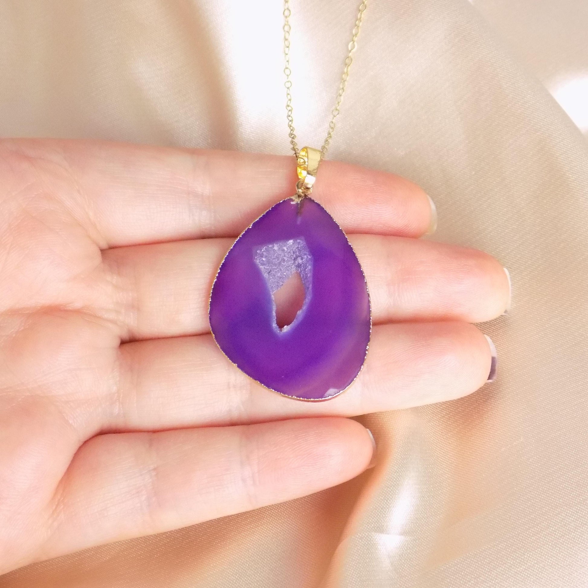 Purple Geode Necklace Gold, Boho Statement Pendant, Large Sparkly Crystal, Druzy Gemstone, Christmas Gift Women, M7-415