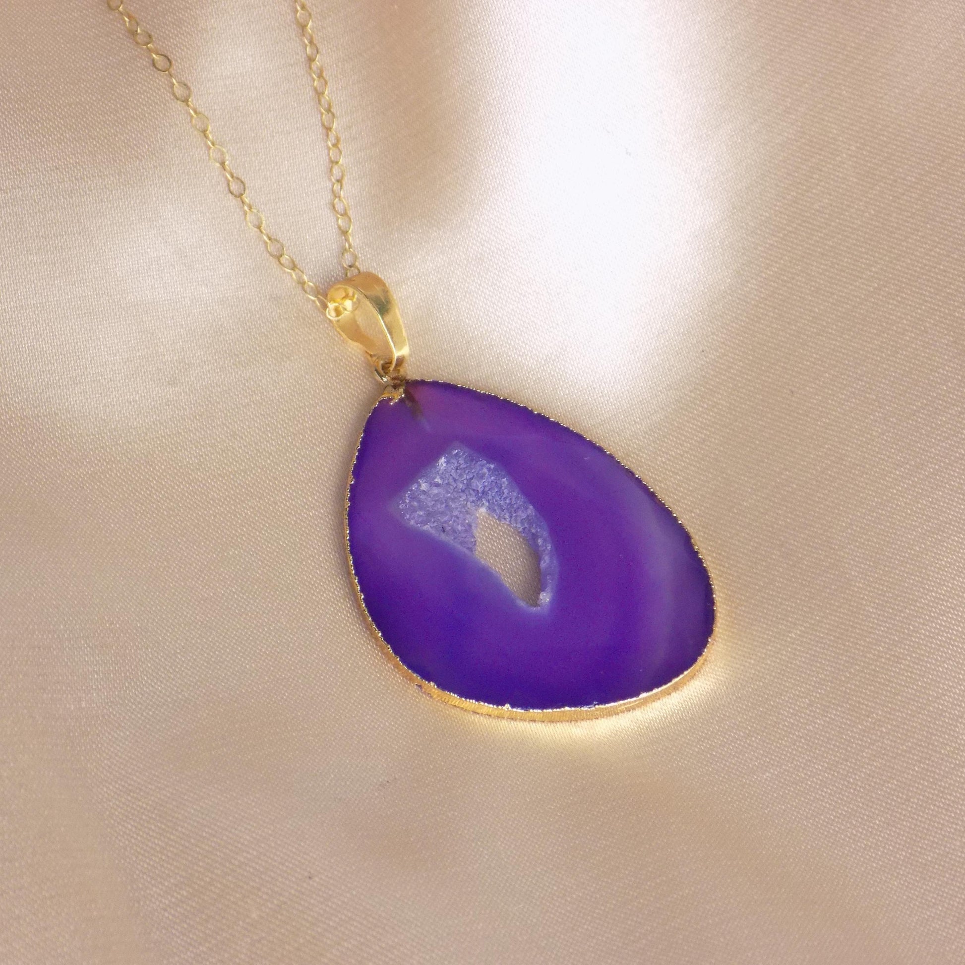 Purple Geode Necklace Gold, Boho Statement Pendant, Large Sparkly Crystal, Druzy Gemstone, Christmas Gift Women, M7-415