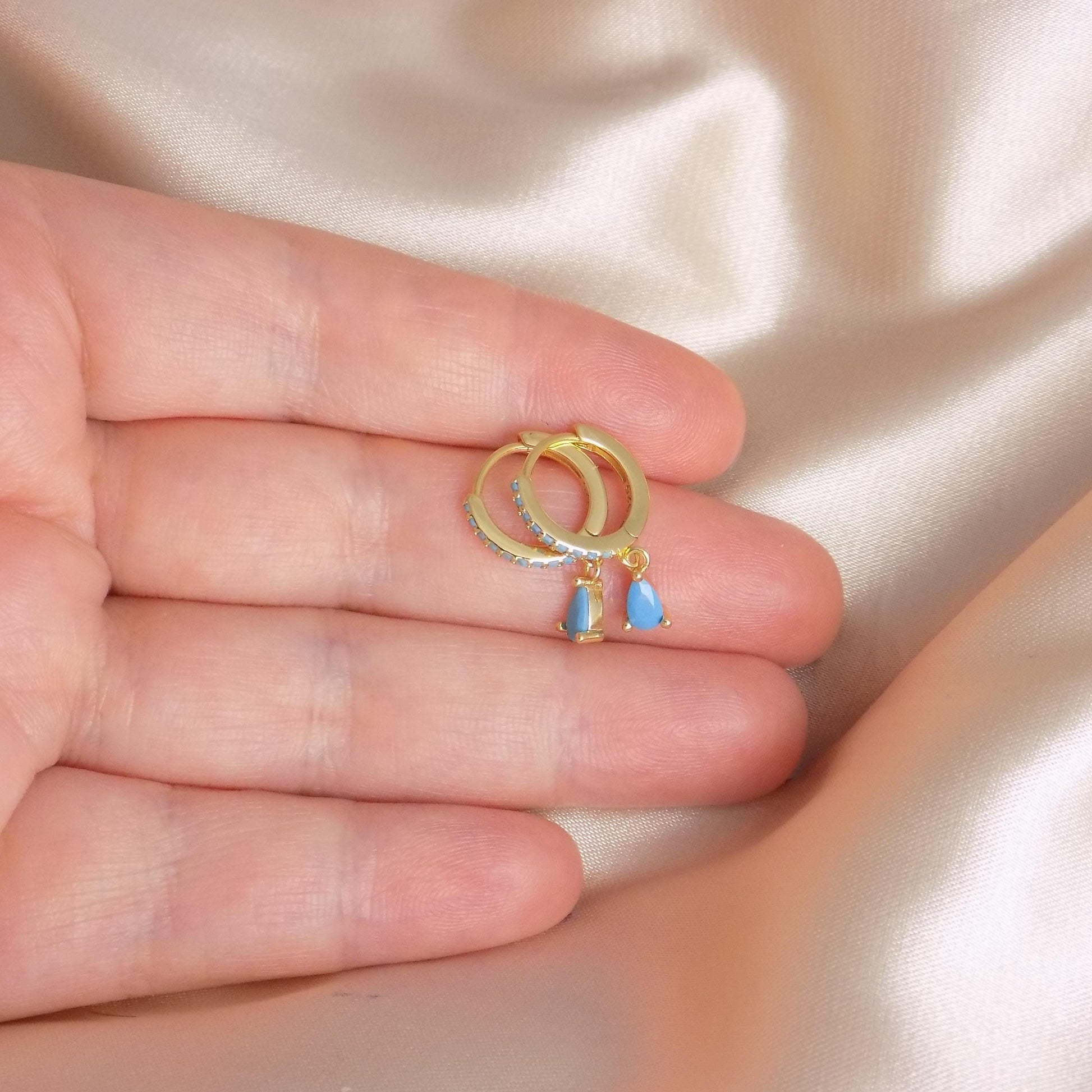 Tiny Turquoise Gold Hoops, Teardrop Crystal Hoop Earrings, Gift For Her, M7-422